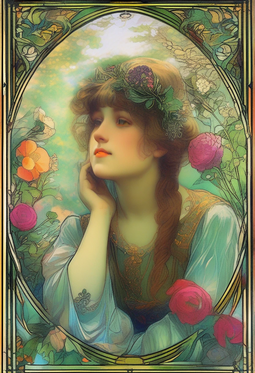 (best quality,4k,highres,ultra-detailed,masterpiece:1.2),Alfons Maria Mucha style illustration,lush garden with vibrant flowers,intricate botanical details,ornate Art Nouveau patterns,whimsical elegance,vibrant colors and natural beauty,pastel shades and gold accents,serene expression,(plant line art:1.3),(curvilinear forms:1.3)