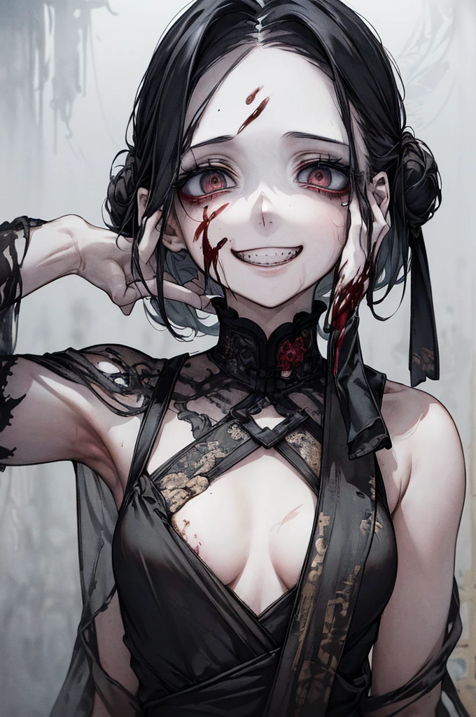 （Put your hands behind your head）、(masterpiece: 1. 2, Highest quality), (Live Action, Exquisite details), (Anatomically correct), (1 Girl, Upper Body, Small breasts, With eyes wide open, Scary atmosphere, Distorted representation, Wicked Smile, Bleeding eyes, Blood splatter, whole body, China dress, Twin-tailed bun, Black Hair, (Dark circles under the eyes), White, Sickly, Crazy Eyes, (Grin), Dramatic makeup, Mixed Media Art, Whiteの背景