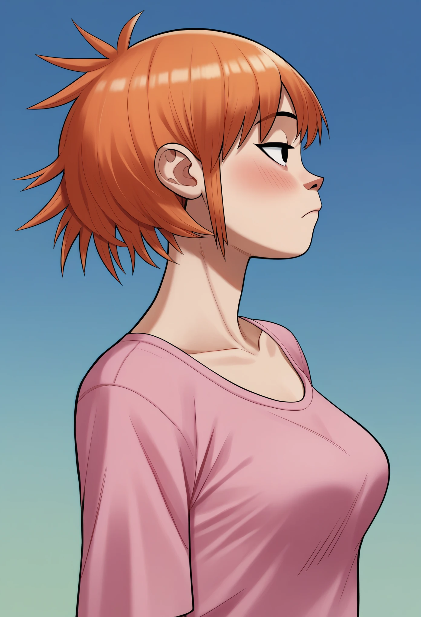 score_9, score_8_up, score_7_up, BREAK, 1girl, solo, breasts,   noodlegorillaz, 1girl, solo, blush, bangs, simple background, shirt, closed mouth, collarbone, orange hair, from side, gradient, gradient background, profile, blue background, portrait, pink shirt