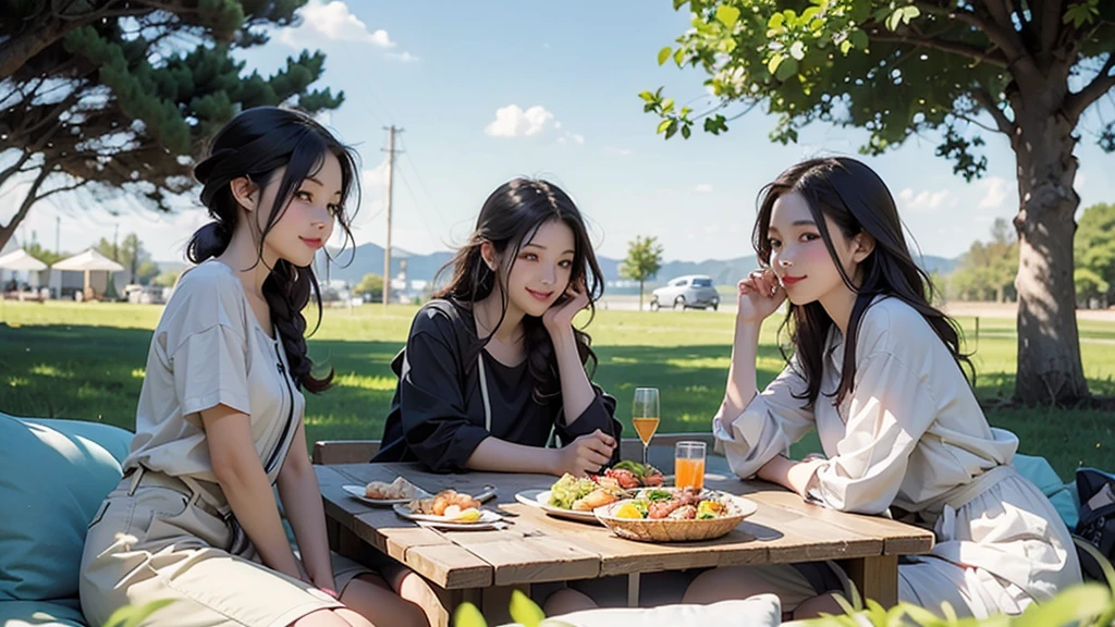 Three people were sitting at a table in front of the tent.,Food to eat, Laid-back Camp, anime Laid-back Camp, having a picnic人々, People eating outside々, camp, Written by Nie Yuanlu, Sunny environment, People eating in the restaurant, Promotional Rendering, having a picnic, Promotional Art, 2D CG, food commercial 4k, Family dinner, Commercial Illustration