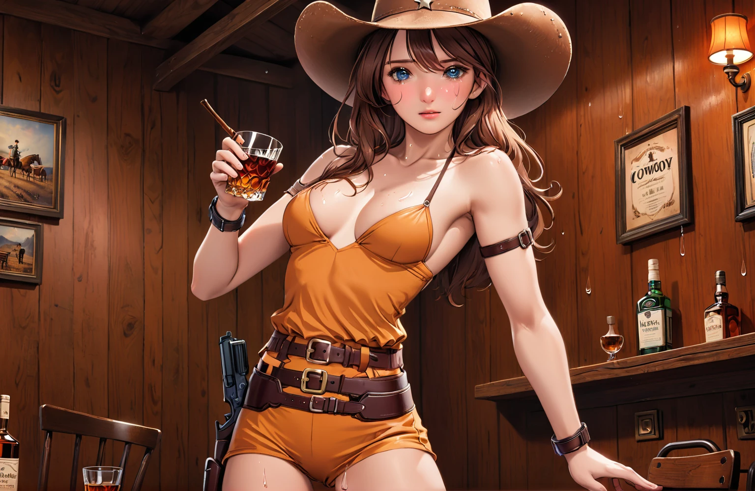 (((1 person:2.5))),(((NSFW:1.9))),(((Nude:1.9))),(((Naked Cowgirls:1.5)))(((Wear a gun belt with a holster:1.8))),,((Put the watch on your wrist:1.5))),(((Showing cleavage))),(((Exposed thin inner thighs))),(((Small breasts:1.5))),(((Bare arms))),(((Put on your boots:1.5))),((Blushed:1.8)), Beautiful detailed girl, Very detailed目と顔, 緻密でBeautiful Eyes, Very detailed, High resolution, Highest quality, masterpiece, Very detailed, 8k wallpaper, wonderful, finely, Highest quality,(Standing in front of a wooden wall),Beautiful Eyes,((Engage your audience:1.5)),((Cowboy Shot:1.5))),((Front shot:1.2)),((Place your right hand on your chest:1.5)),((Drinking whiskey:1.4)),(((Drunk,Cry:1.8))),(((Sit with your legs apart:1.8)))