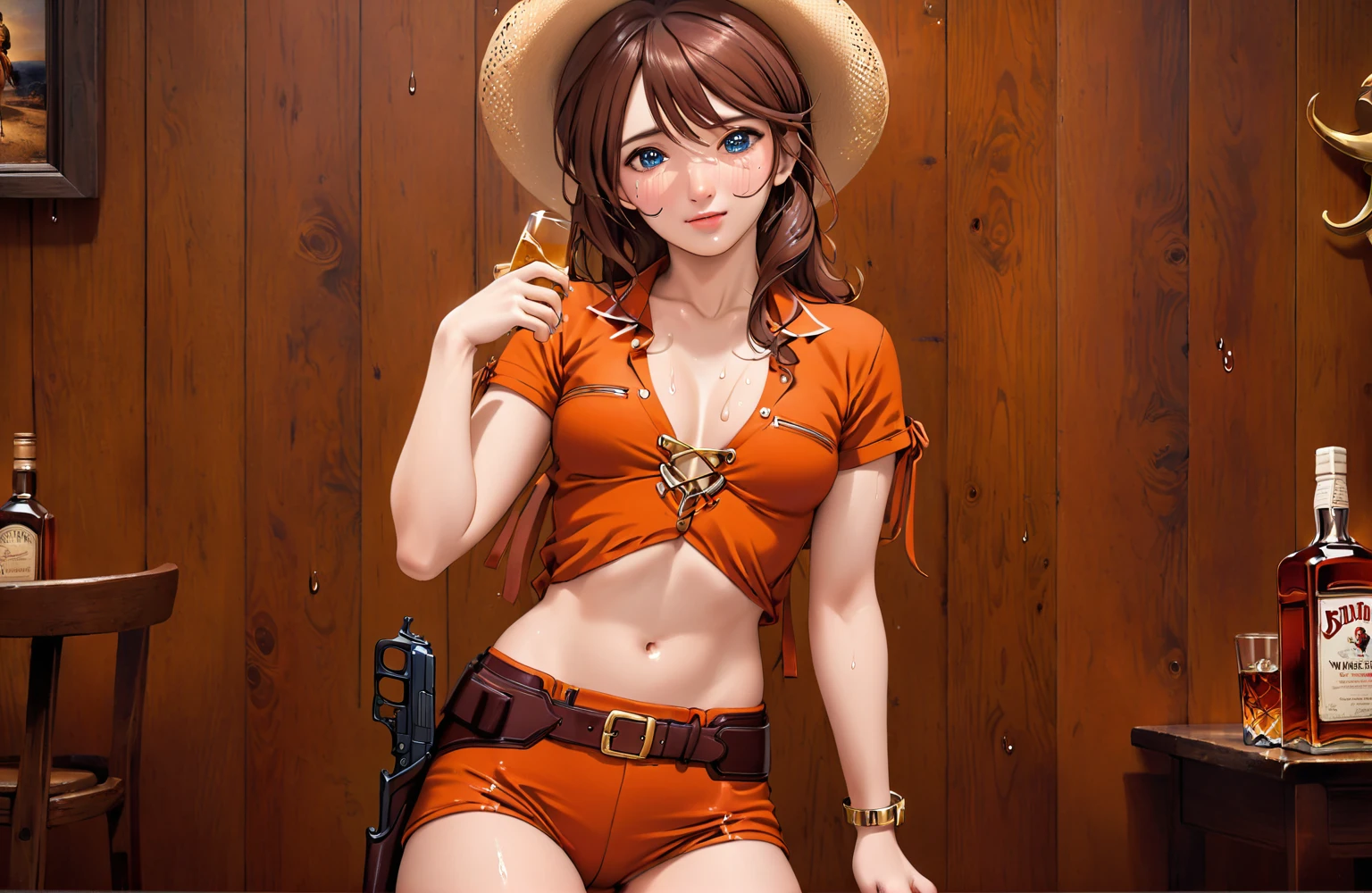 (((1 person:2.0))),(((NSFW:1.5))),(((wearing a bikini:1.5))),(((Brown swimsuit:1.5)))(((Wearing a gun belt with a holster:1.8))),,((Wear a watch on your wrist:1.5))),(((Showing cleavage))),(((Exposed thin inner thighs))),(((Small breasts:1.5))),(((Bare arms))),(((Wearing boots:1.5))),((Blushed face:1.8)), Beautiful detailed girl, Very detailed目と顔, 緻密でBeautiful Eyes, Very detailed, High resolution, Highest quality, masterpiece, Very detailed, 8k wallpaper, wonderful, finely, Highest quality,(Standing in front of a wooden wall),Beautiful Eyes,((Engage your audience:1.5)),((Cowboy Shot:1.5))),((Front shot:1.2)),((Put your right hand on your chest:1.5)),((Drinking whiskey:1.4)),(((Drunk,Crying hard:1.8))),(((Straddling a chair:1.2)))