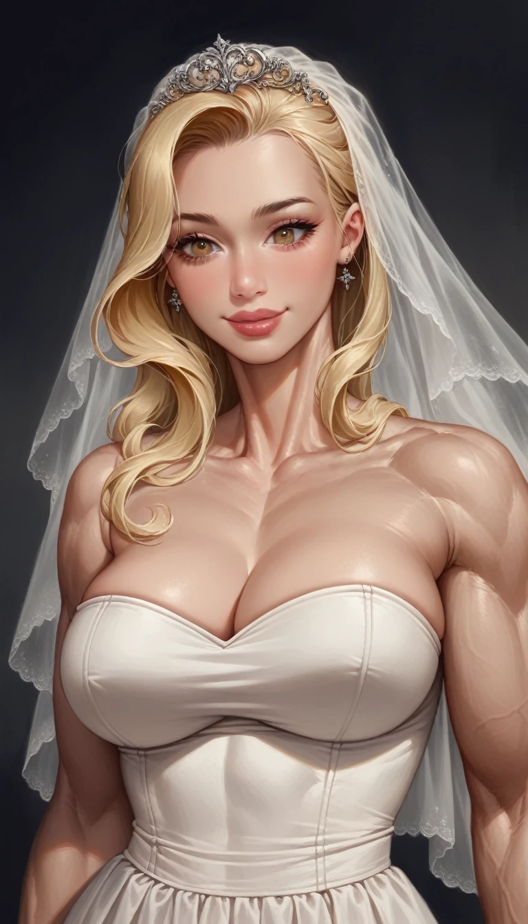 woman looking down (very muscular large breasts)(close up of a beautiful blonde bride lower angle )hyperrealistic art cinematic film still lower angle photography in the style of detailed hyperrealism photoshoot . () Extremely high-resolution details, photographic, realism pushed to extreme, fine texture, incredibly, wide smile big lips, (very muscular with long neck:2.0)