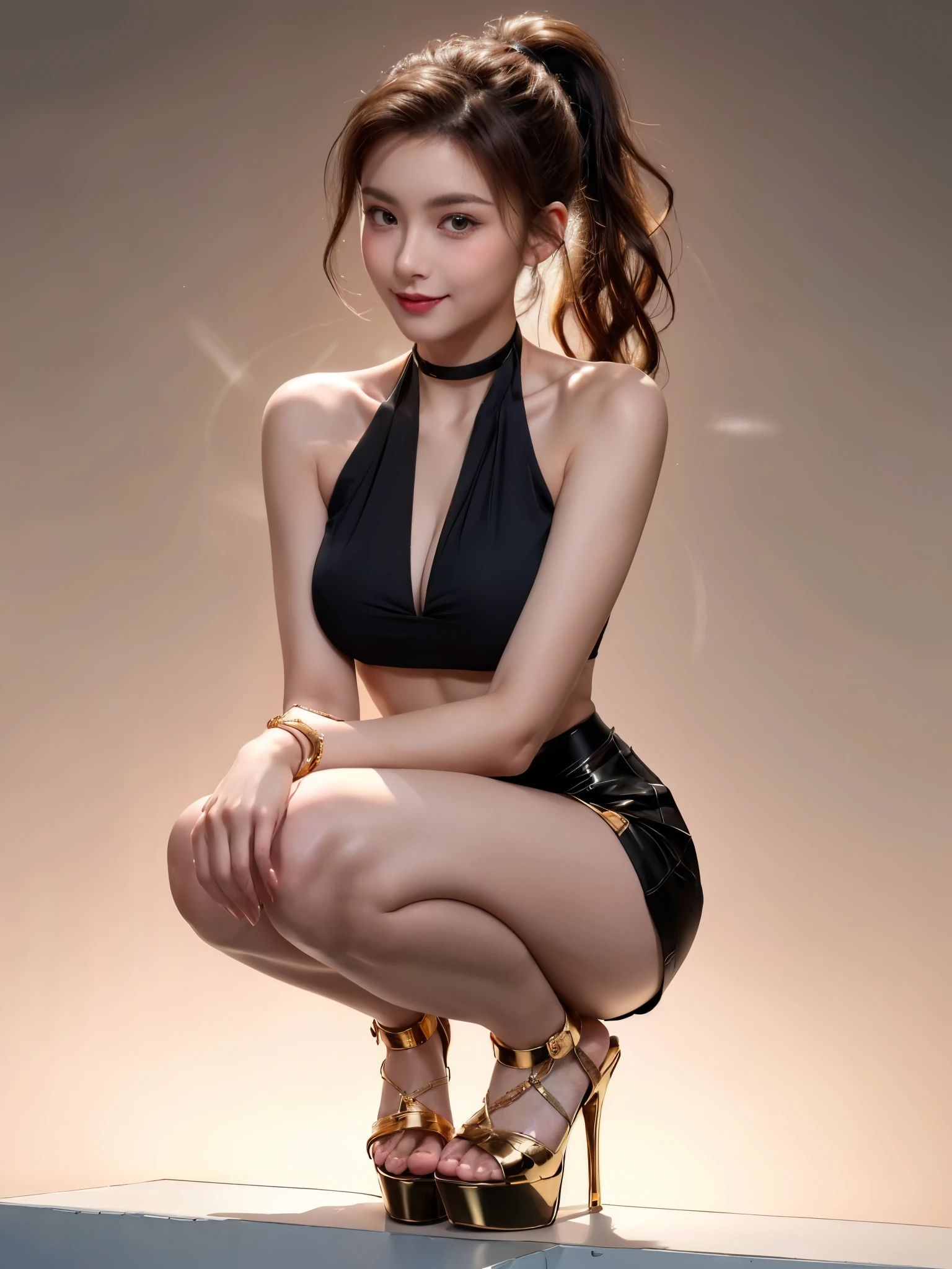 1girl, full body, squat, thigh, platform high heels, detailed face, looking at viewer, micro skirt, breast, smile, very long hair, elegant, modern, wavy brown hair, high ponytail, (blush:1.2), (eye shadow:0.6), glossy lips, stylish halter top, shoulder, delicate gold bracelet, enchanting lighting, sophisticated dramatic atmosphere, elegance and poise, alluring,