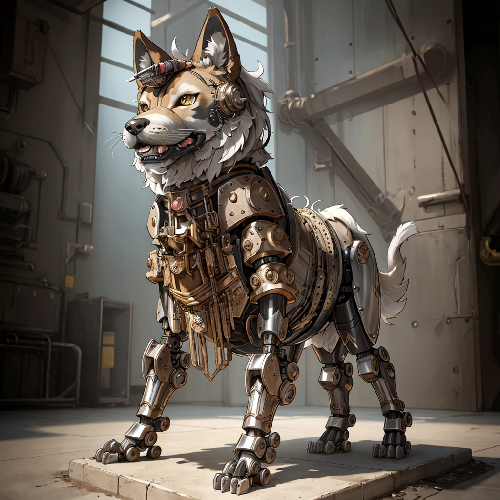 The building has a metal dog statue on its base., Armored Catの仲間, husky in shiny armor, Armored Cat, Steampunk dog, Cyborg dog, rendered in redshift, Steampunk ferret - a shaped mecha, Robot Lion, Industrial Mechanical Robot Dog, Highly detailed rendering, A good giant mechanical wolfdog, Detailed and complex rendering, Expressed in 3D rendering