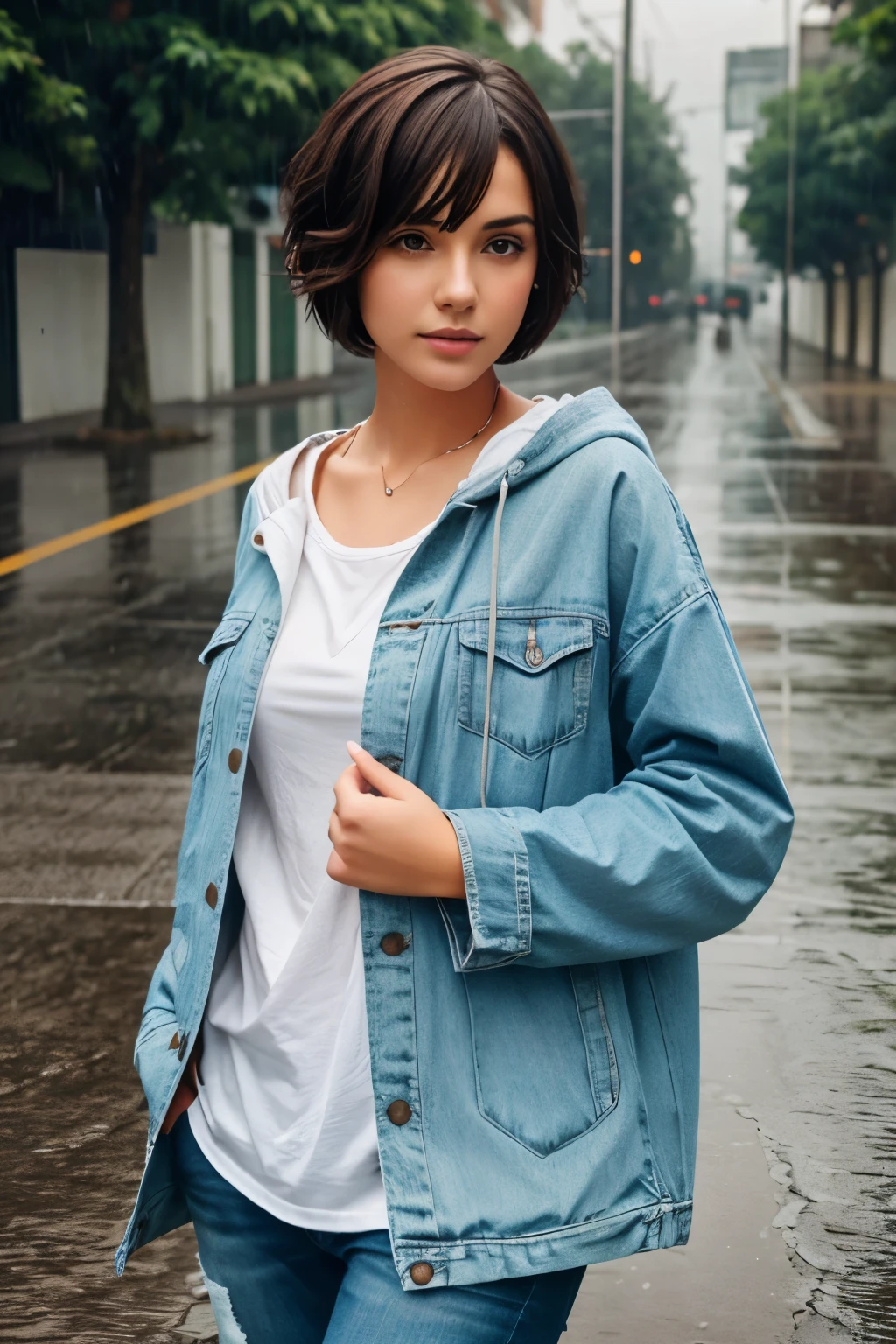 Realistic girl in rain, transperent cloths, short hair, cute face, photoshoot pose