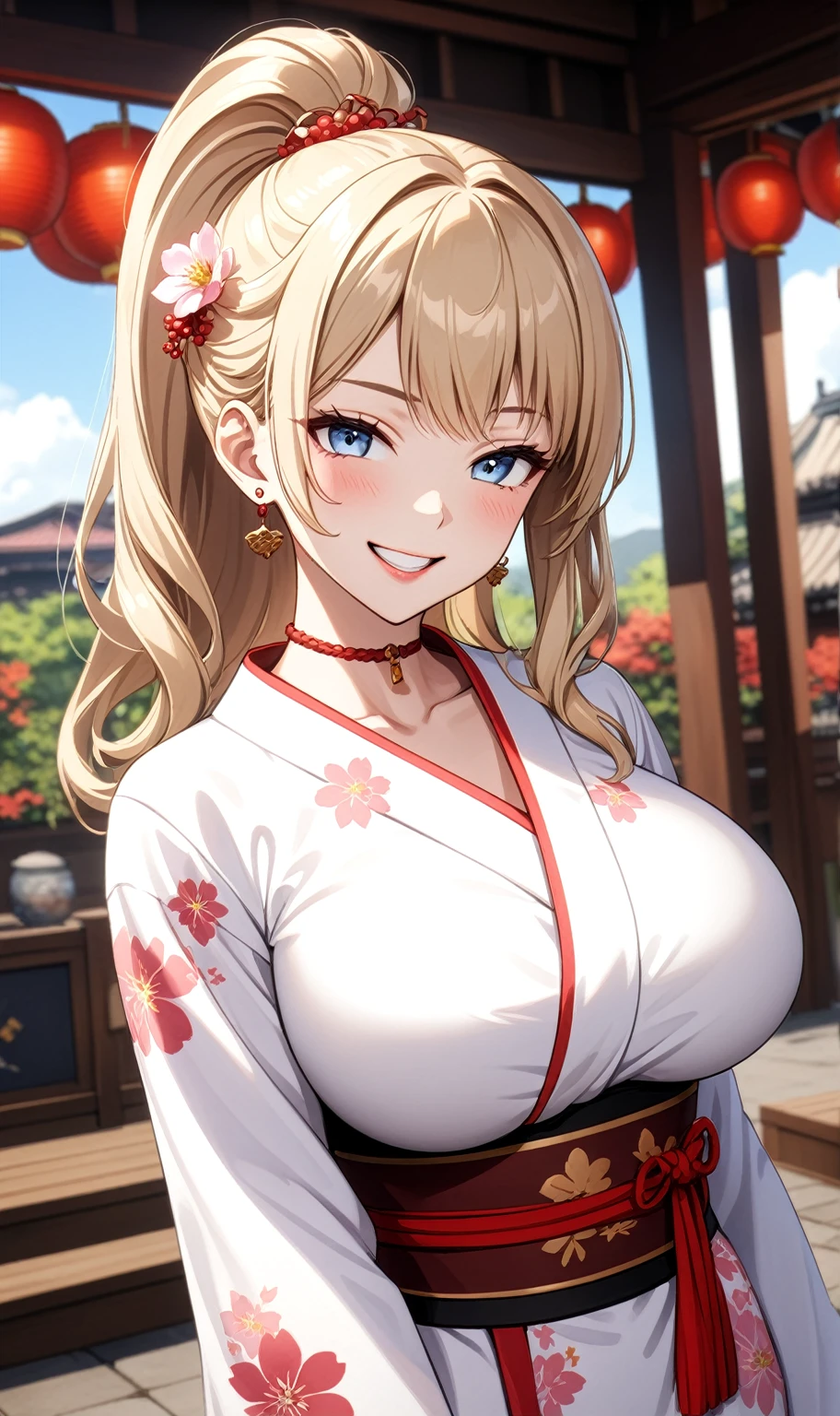((One personの女性)), Beautiful Face, (Laughing embarrassedly), ((cheerful grin:1.2)), ((Wink:1.9)), (head tilt:1.3), Laugh with your mouth wide open, upper teeth, looking at viewer, ((Bright red cheeks:1.2)),Glossy Red Lips,noon, Shrine festival stalls, Glossy red lips, Shining Face, ((Anime style background)),masterpiece, Highest quality, so beautiful,up to date, Complex details, (Pink long nails), (nail art), (ring),(bracelet),(Floral choker),AI-generated, Complex,High resolution, Highest quality, super high quality,3D Images、3D Images,One person,Blonde long hair,(High Ponytail), (wavy hair), Anime woman posing for a photo, ((Fine grain、Light blue eyes、Shining Eyes:1.3)), (Squint your eyes:1.1),a hyperRealistic , hyperRealistic , Realistic,Long and blonde anime woman, Smooth anime CG art, Pink large floral patternが刺繍された豪華な着物を着た女性, (White long sleeve kimono),(Pink large floral pattern) ,Long flower hair ornament,Earrings,Mature Body,(Big Breasts:1.1),Tall,Abdominal muscles,Tight waist, (dutch angle:1.2),