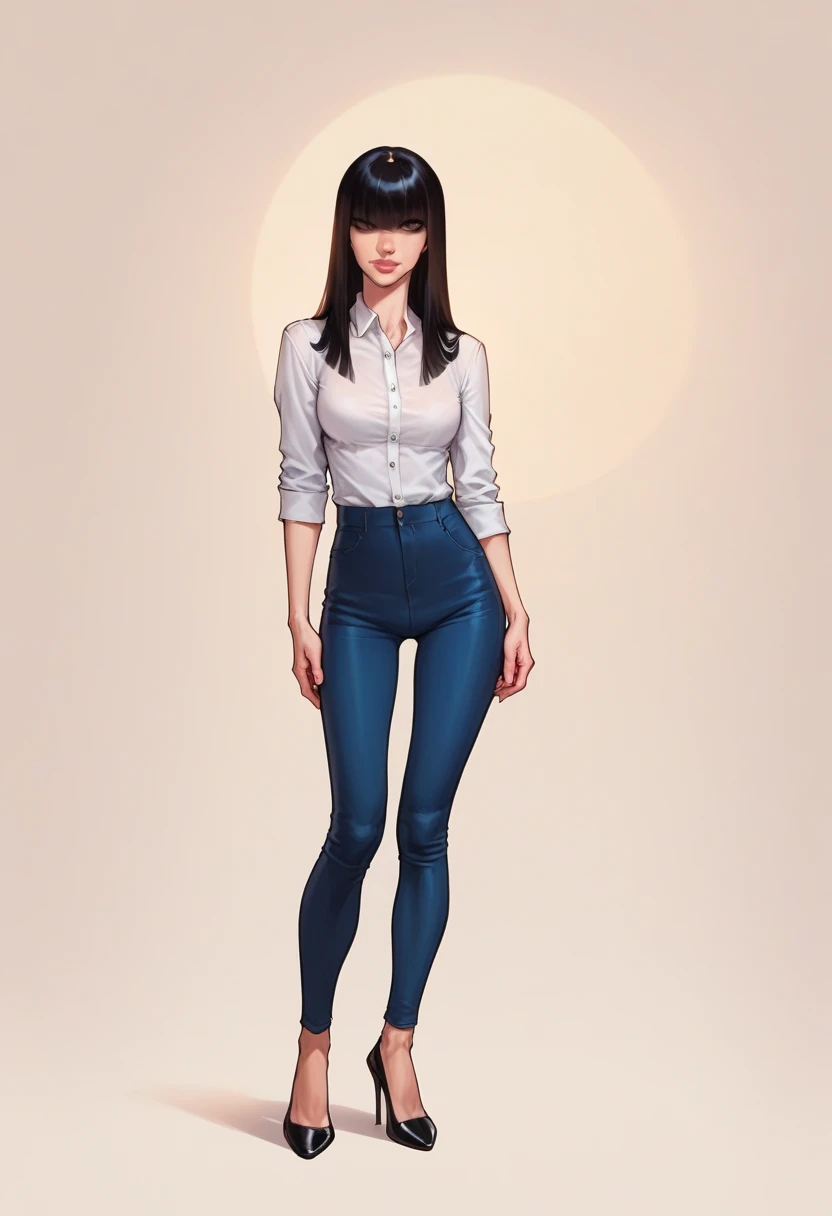 score_9, score_8_up, score_7_up, score_6_up, detailed art of a woman, pale, smooth skin, hair over both eyes, long straight black hair, blunt bangs, full lips, slender physique, white office shirt, blue pants, black heels, centered
