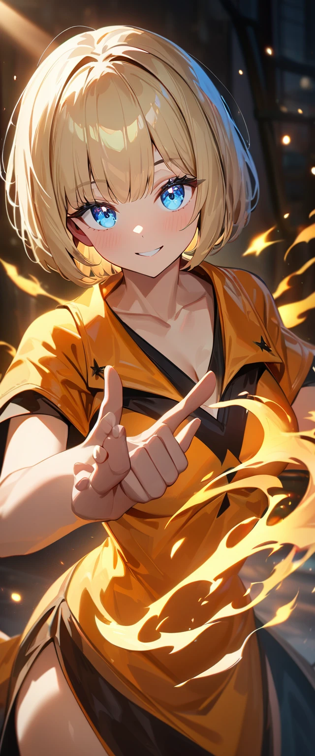 (((One girl))), blond hair, ((bob cut:1.3)), breasts, cleavage, (cowboy shot), standard body, (looking at viewer), collarbone, ((flame wizard tunic:1.3, wizard's wand)), teenager, head tilt:1.3, (((blue eye))), ((happy smile)), (((anime style))), (best quality, 4k, 8k, highres, masterpiece:1.2, ultra-detailed, ultra-detailed eyes, HDR, UHD, studio lighting, ultra-fine painting, sharp focus, physically-based rendering, extreme detail description, professional, vivid colors, bokeh), ((Highest quality, Best image quality, Ultra-high resolution, Ultra-high resolution, solo, Strong eye highlights)), Depth of written boundary, Natural soft light, attractive, Beautiful Face, Cleanliness, Pure Face, nedium chest, Beautiful Face, Perfect Fingers, Perfect hands, Perfect body, Perfect Face, Shine a light into your eyes, Perfect Anatomy