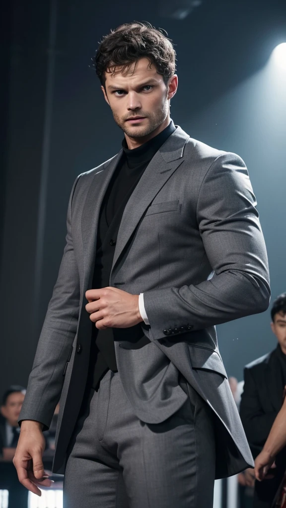 Jamie dornan, masterpiece, bestquality, High Quality, extremely detailed cg unity 8k wallpaper, Depth of Field, HDR,,photorealistic portrait,Very detailed, 1 man, asian, Short black hair (Wear a gray suit.), Pectoral muscles, Big arm muscles, blood vessel, Big muscles, Wide shoulders, looking at the audience, balance eyes, (eye contact)