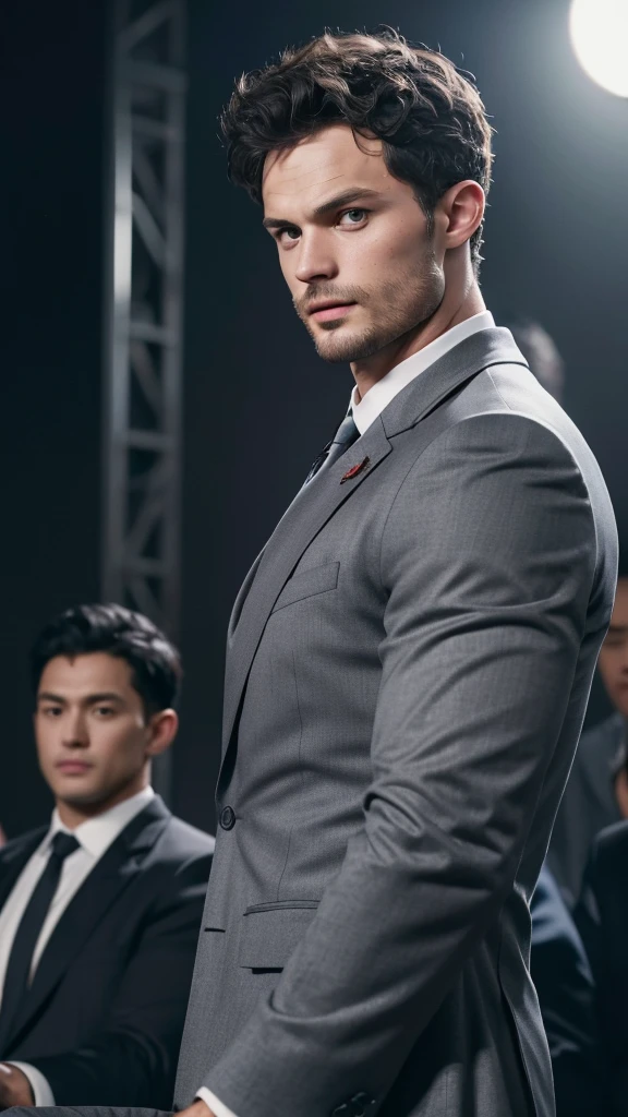 Jamie dornan, masterpiece, bestquality, High Quality, extremely detailed cg unity 8k wallpaper, Depth of Field, HDR,,photorealistic portrait,Very detailed, 1 man, asian, Short black hair (Wear a gray suit.), Pectoral muscles, Big arm muscles, blood vessel, Big muscles, Wide shoulders, looking at the audience, balance eyes, (eye contact)