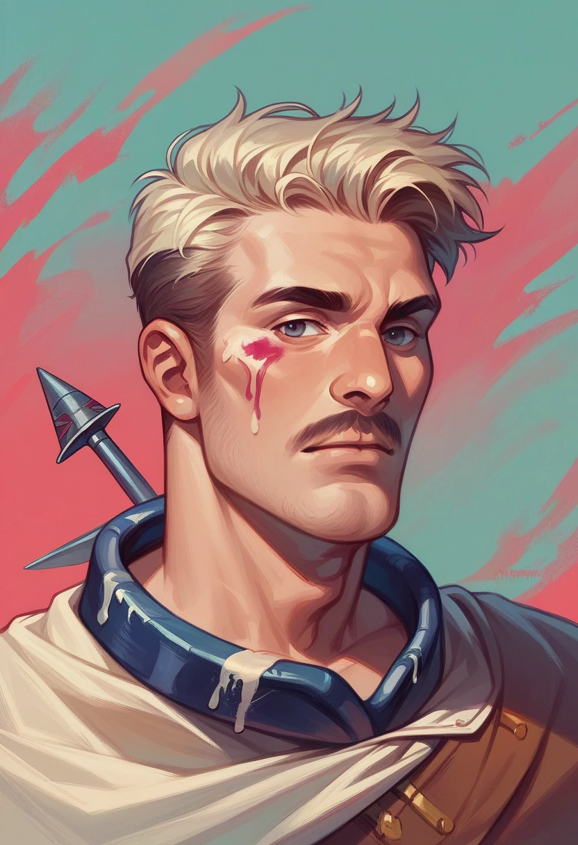 Masterpiece, ultra HD, hyperrealistic, a man that unleash his beast soul bodyguard, a hawk with montsrous humanoid body, the vibe is retro, with colorfull paint as the background