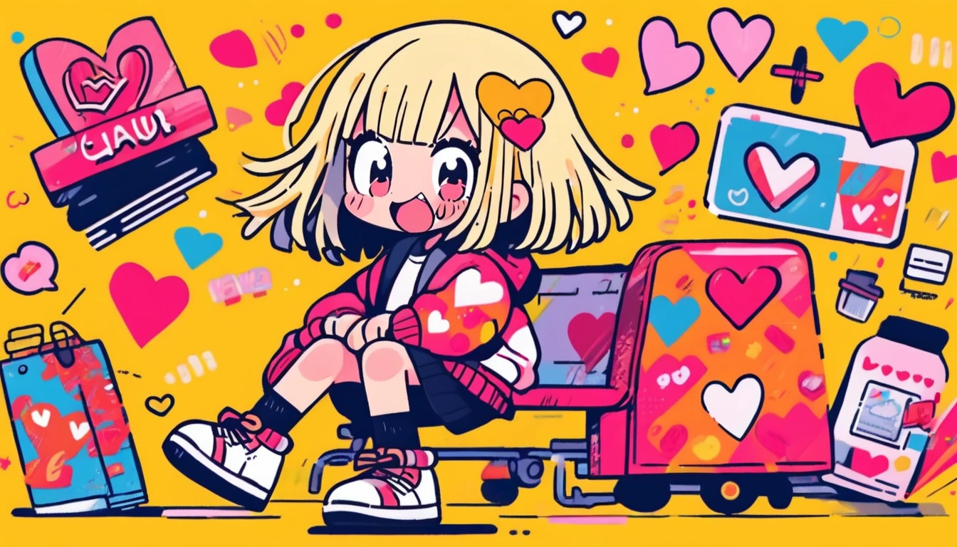 Masterpiece, top quality, Cute doodle, one girl, heart, shoes, yellow hair, bob cut, hair ornament, open mouth, solo, long sleeves, yellow eyes, smile, skirt, yellow background, jacket, socks, short hair, bangs, sneakers, blush