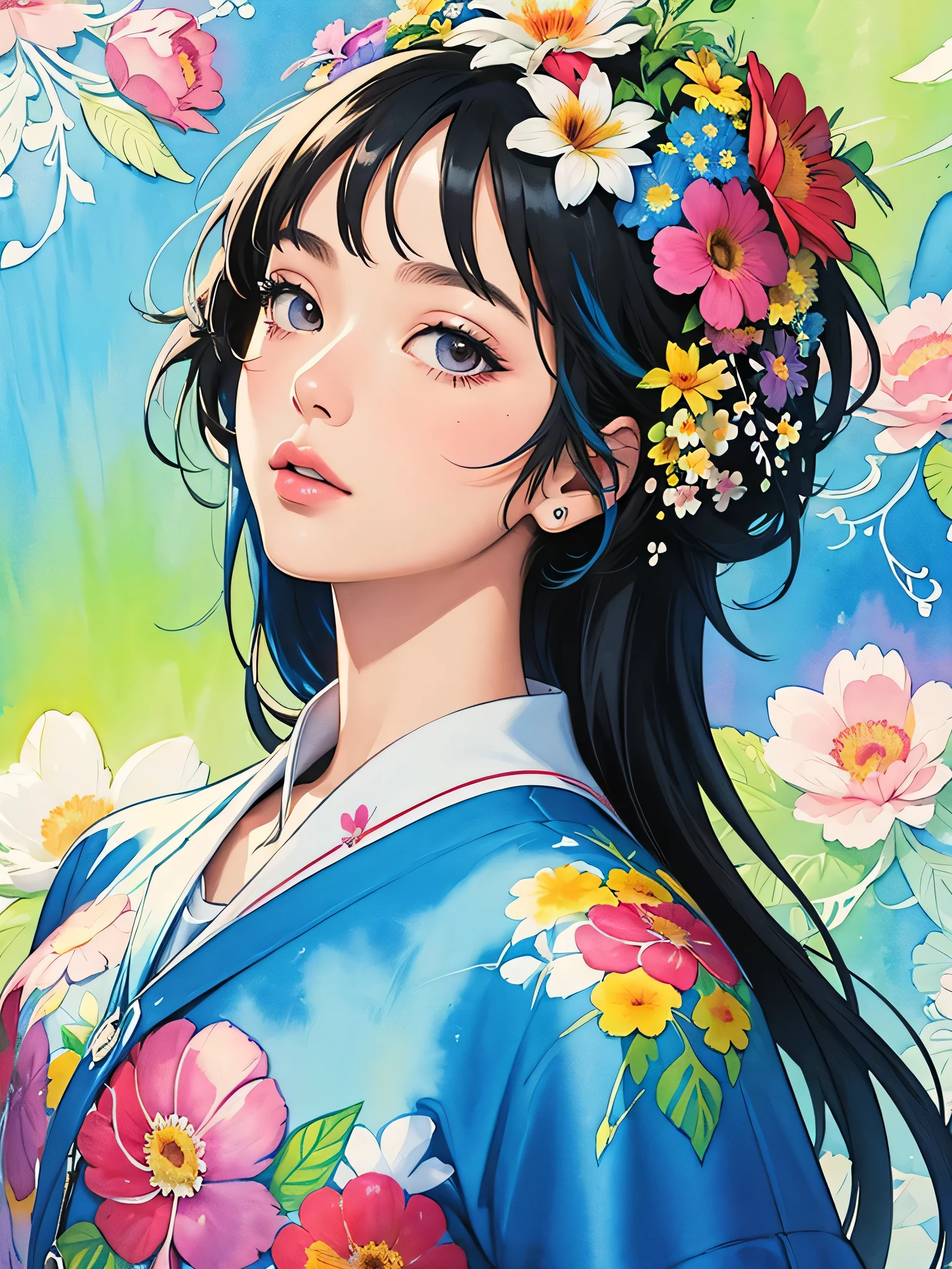 Hiromi Matsuo Style、(((stylish fashion))), 8K Quality、Intense watercolor, Detailed watercolor art, Watercolor splash, Surreal, avant-garde pop art, Beautiful and expressive paintings, Beautiful artwork illustration, Very colorful tones, wonderful, Cool beauty, highest quality、Official Art, Vector art, Stylish design, (((The most beautiful girl))), (((highest quality))), HDR, ((detailed)), (((Doodle Art)), ((masterpiece)), ((Super detailed)), (((Colorful flowers))),(((Stylish))),