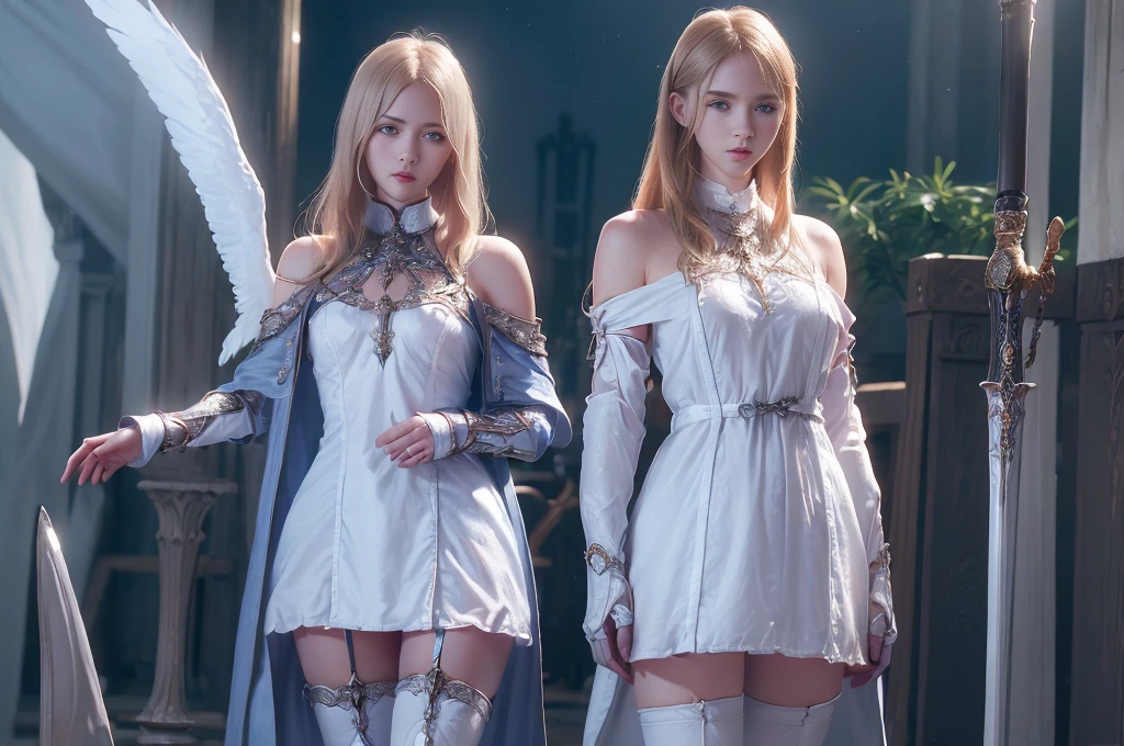 top quality、masterpiece、Very high resolution、(Photorealistic: 1.4)、Raw photo、2 girls, long straight blond hair cut in a bob, light blue eyes,（beautiful breasts）、glowing skin、(((beautiful faces European detailed)))、With a beautiful sword and shield、magnificent and resplendent luminous angel wings,（Beautiful silver sexy armor、(((random hair))),(((Beautiful legs))), (Proportionate breasts）、Seductive gaze、((Background of decaying beautiful dungeon ruins))、(Ultimate beauty)、(Detailed and realistic beauty face)、(Fighting demonic beasts)、(Small LED)、((Details super realistic))、Portlate、(Strong giant demonic beast background), Global lighting, shadow, octan rendering, 8K, ultra-sharp, raw skin exposed in neckline, metals, intricate ornament details, highly intricate details, light realistic (mystical expression), CGSoation trend, brilliant. eyes、Face the camera)、Gundam、Small LED