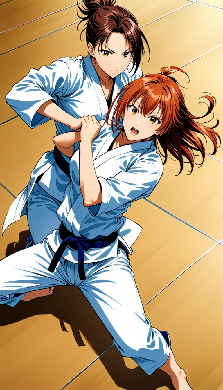(in style of Takeshi Obata:1.3),
posing, dynamic action, expressive action,fighting,judo uniform girls,fullbody portrait of a girls, grapple on the floor