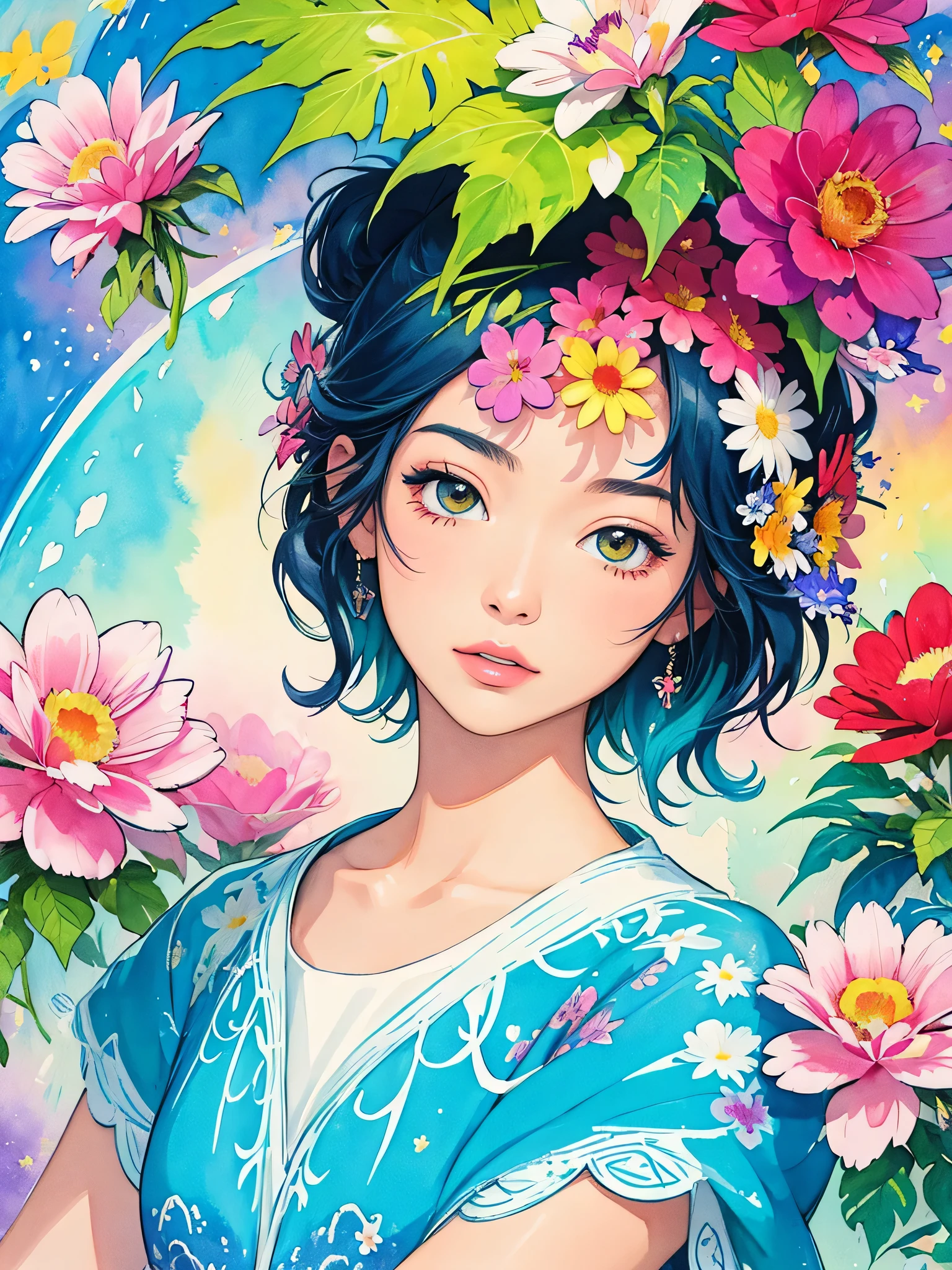 Hiromi Matsuo Style、(((stylish fashion))), 8K Quality、Intense watercolor, Detailed watercolor art, Watercolor splash, Surreal, avant-garde pop art, Beautiful and expressive paintings, Beautiful artwork illustration, Very colorful tones, wonderful, Cool beauty, highest quality、Official Art, Vector art, Stylish design, (((The most beautiful girl))), (((highest quality))), HDR, ((detailed)), (((Doodle Art)), ((masterpiece)), ((Super detailed)), (((Colorful flowers))),(((Stylish))),