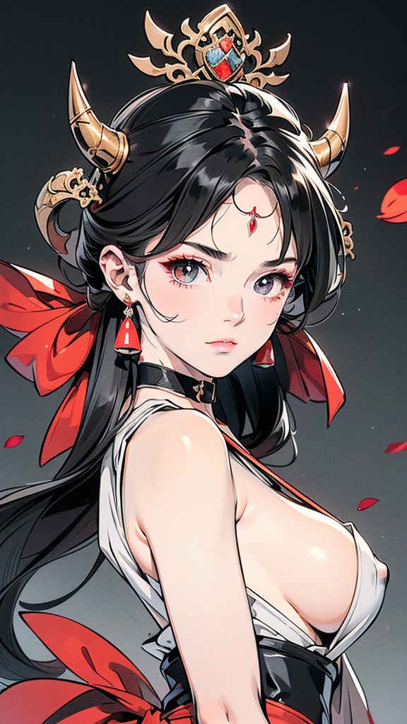 Seven Rhaeyar (Deylta), Ancient Star goddess, Perfect female anatomy (Royalty, Adult Female, 166cm in height, Cool pale skin, slim, slender, 34D breast size, Long Jet Black Hair, Gray Colored Iris , a set of Jet black colored horns on her head), Neutral facial expression, Elegant black uniform dress, female choker accessory with silver complimentary jewelry, dragon motifs, Black rope accessories, Simple Black Background, receiving light from the front, the focal point is her face, Ethereal glow, Red Rose petals falling, Japanese inspired, very close up face image, detailed features, high quality resolution