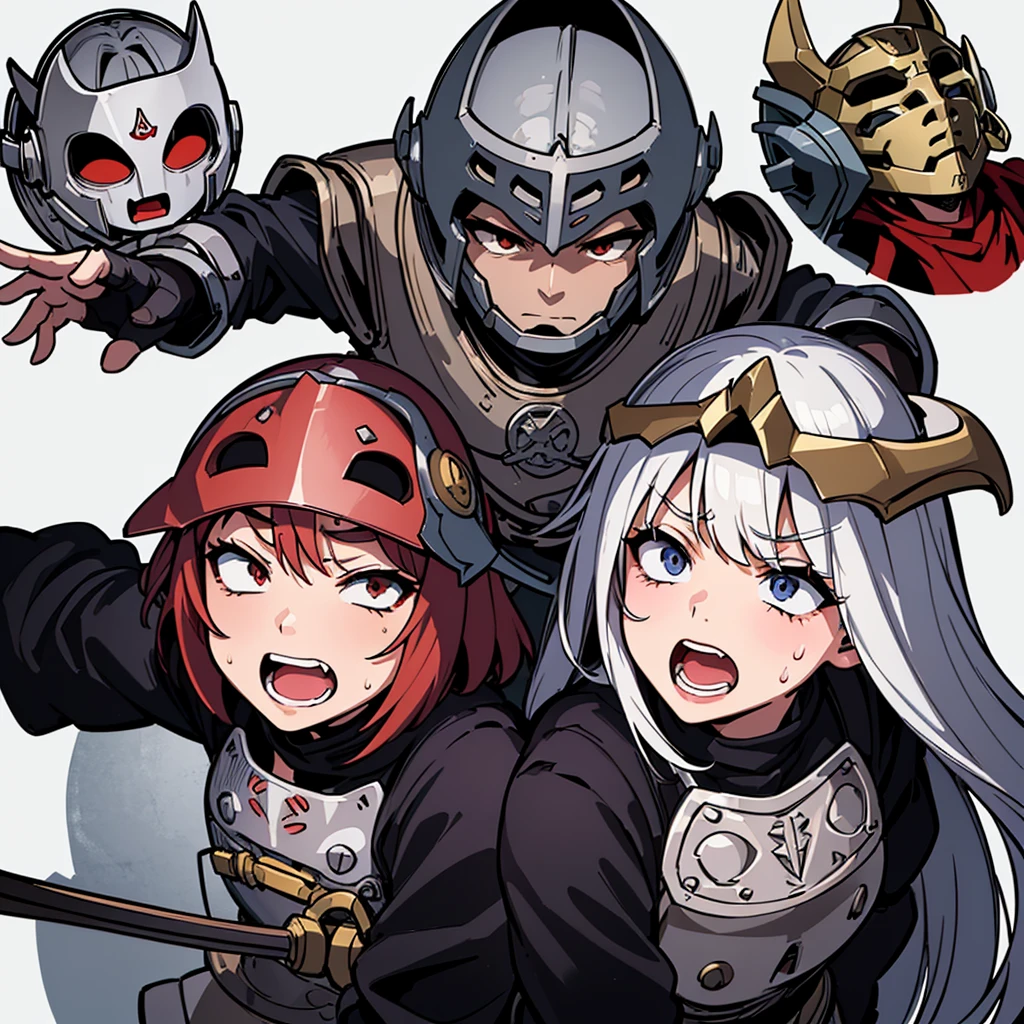 (Chibi Character)、((Full body character concept, Detailed character design、30 people))、Highest quality, Best Quality,Best illustrations、((((Iron Mask、Iron helmet、Iron Mask)))),Medieval Armor、Medieval Knight、Full grey armor、(((20-year-old male)))、(battle)、battlefield、Movement angle、Grab the sword、wasteland、(Fighting stance)、Run、dash、(((White background)))、(multiple)、early、(get annoyed、Open your mouth、Sweat、Various expressions)