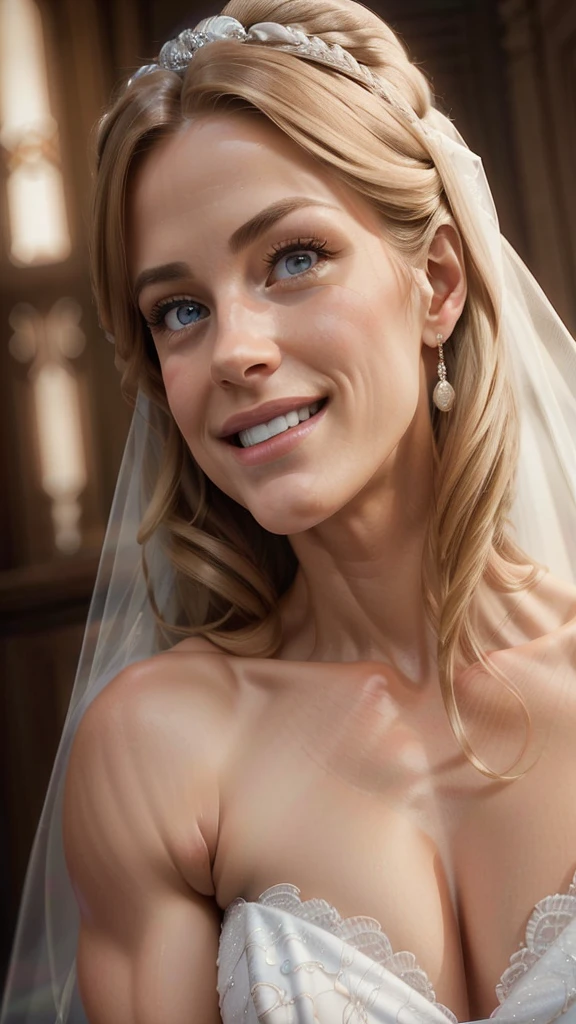 woman looking down (very muscular large breasts)(close up of a beautiful blonde bride lower angle )hyperrealistic art cinematic film still lower angle photography in the style of detailed hyperrealism photoshoot . () Extremely high-resolution details, photographic, realism pushed to extreme, fine texture, incredibly, ((wide smile big lips))
