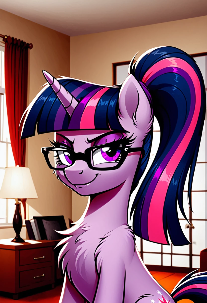 Twilight Sparkle, female, pony, ponytail, black glasses, very Shaggy fur, very soft fur, evil smug smile, in the living room