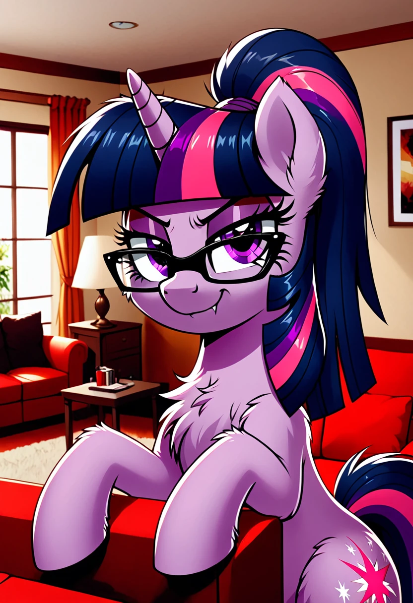 Twilight Sparkle, female, pony, ponytail, black glasses, very Shaggy fur, very soft fur, evil smug smile, in the living room