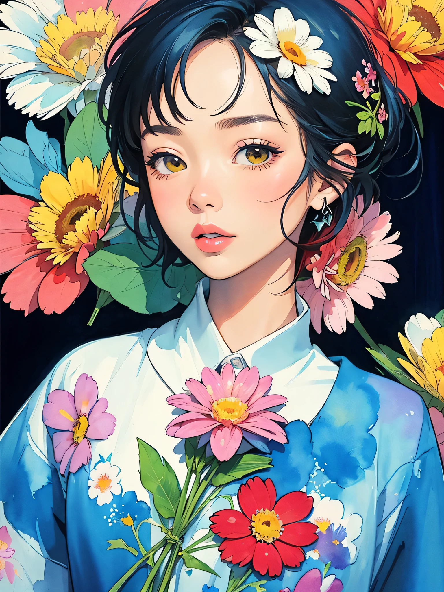 Hiromi Matsuo Style、(((stylish fashion))), 8K Quality、Intense watercolor, Detailed watercolor art, Watercolor splash, Surreal, avant-garde pop art, Beautiful and expressive paintings, Beautiful artwork illustration, Very colorful tones, wonderful, Cool beauty, highest quality、Official Art, Vector art, Stylish design, (((The most beautiful girl))), (((highest quality))), HDR, ((detailed)), (((Doodle Art)), ((masterpiece)), ((Super detailed)), (((Colorful flowers))),(((Stylish))),