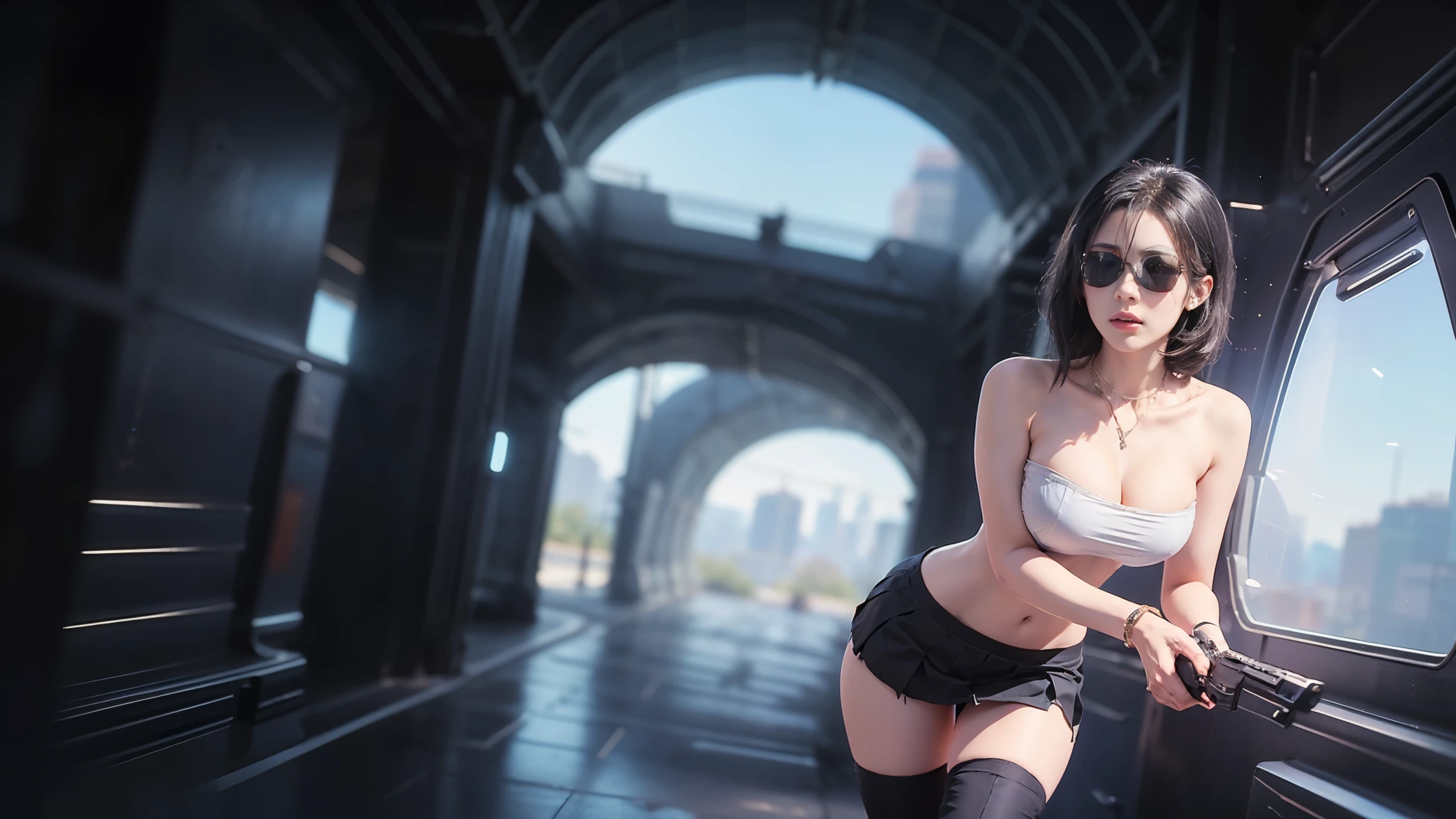 (aerial view). at night, futuristic sci-fi cyberpunk city, broad viaduct, skyscrapers at the end of the viaduct, the movie "13th Floor" style, hq. Matrix style, at night, (1girl, solo), photo realistic, (large-breast:1.2 slim body, cleavage:1.3), (((tube top, extreamly short pleated (((miniskirt))) exposing panty))), (((((matrix style black sunglasses))))), (((((aiming at camera with a (pistol)))))), (((half-body (thigh level) medium shot))), (cinematic lighting).