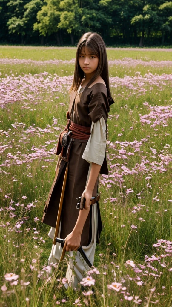 A 17-year-old girl with shoulder-length brown hair. On his back in ancient clothing while holding his katana with his right hand. Standing on a field of flowers. skinny