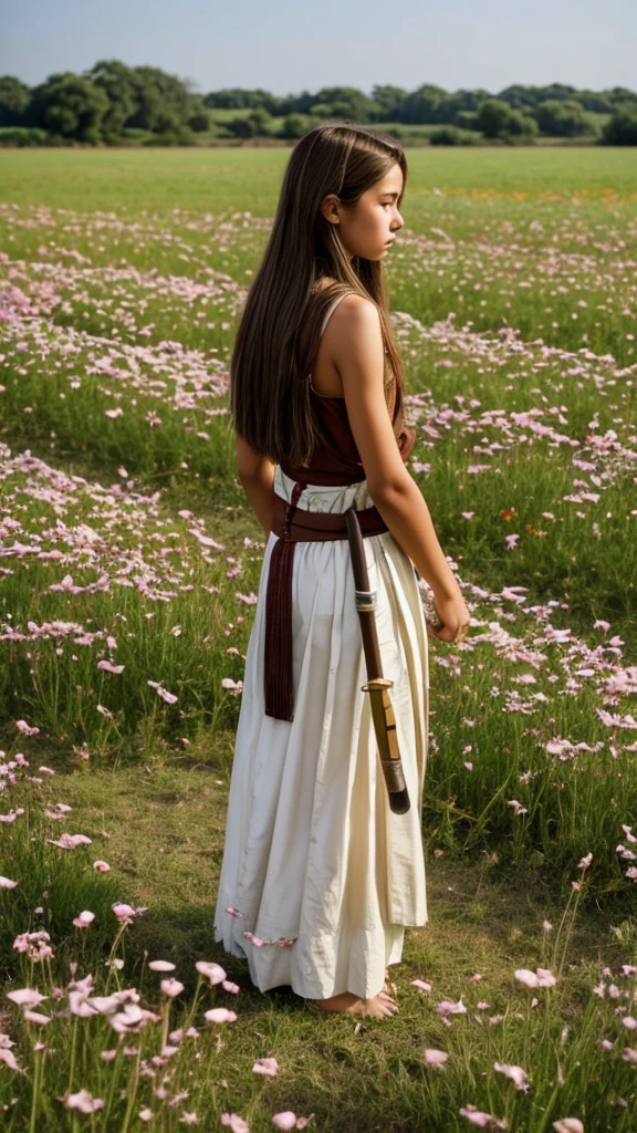 A  with shoulder-length brown hair. On his back in ancient clothing while holding his katana with his right hand. Standing on a field of flowers. skinny
