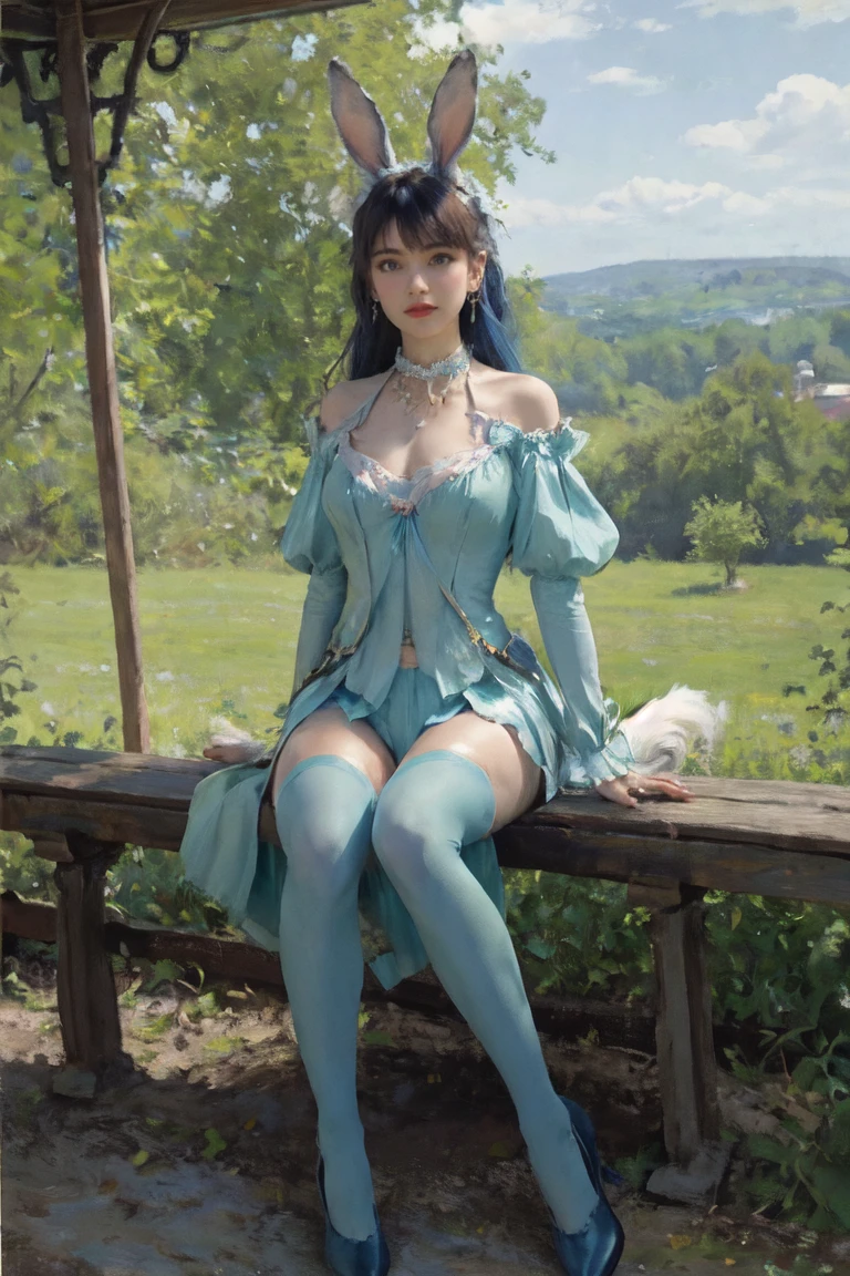 best quality, High resolution, Unique image, 1 girl, Animal ears, armpit, Put your arms behind your head, Bangs, bare shoulders, blue footwear, blue hair, blue tights, braid, Chest, brown lift your legs, shut your mouth, bench, cover navel, curtain, Split collar, earrings, Eyebrows visible through hair, fake Animal ears, fake Tail, garters, gradient hair, green eyes, High heel, high legs, high legs tights, huge Chest, jewelry, large Chest, tights, light blush, looking at the audience, messy hair, colorful hair, on bench, Pillow, a playboy bunny, Rabbit ears, rabbit Tail, short hair, side lock, sitting, alone, swept Bangs, Tail, lift your legs, change through