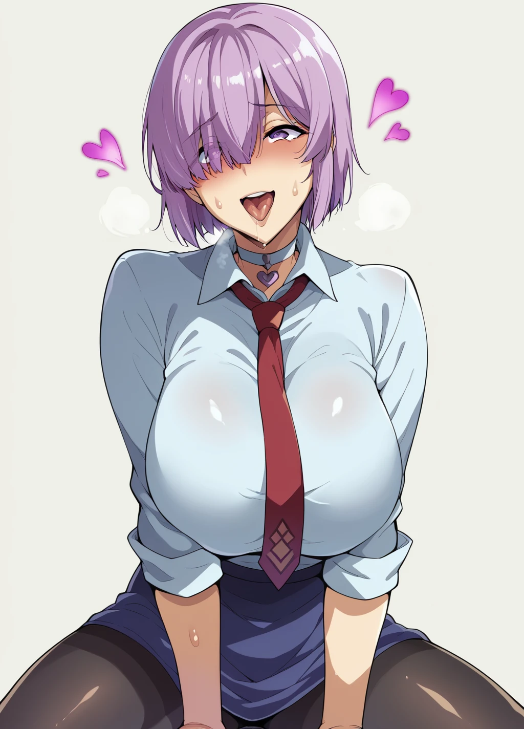 Ultra-detailed illustrations、Ultra-precise expression、masterpiece、Highest quality、ultra High resolution、High resolution、Hiromitsu Takeda Style、White background、Simple Background、One girl、solo、Mash Kyrielight、light purple hair,short hair,hair over one eyes、No sleeve, black pantyhose、 黒のNo sleeveシャツ、White collar、pantyhose、Purple eyes、red tie、Vulgar expression、ahegao、smile、Open your mouth、blush、Large Breasts、Big Breasts、Choker of Hearts、White Breath、Sweat、Glowing Skin、shiny skin、