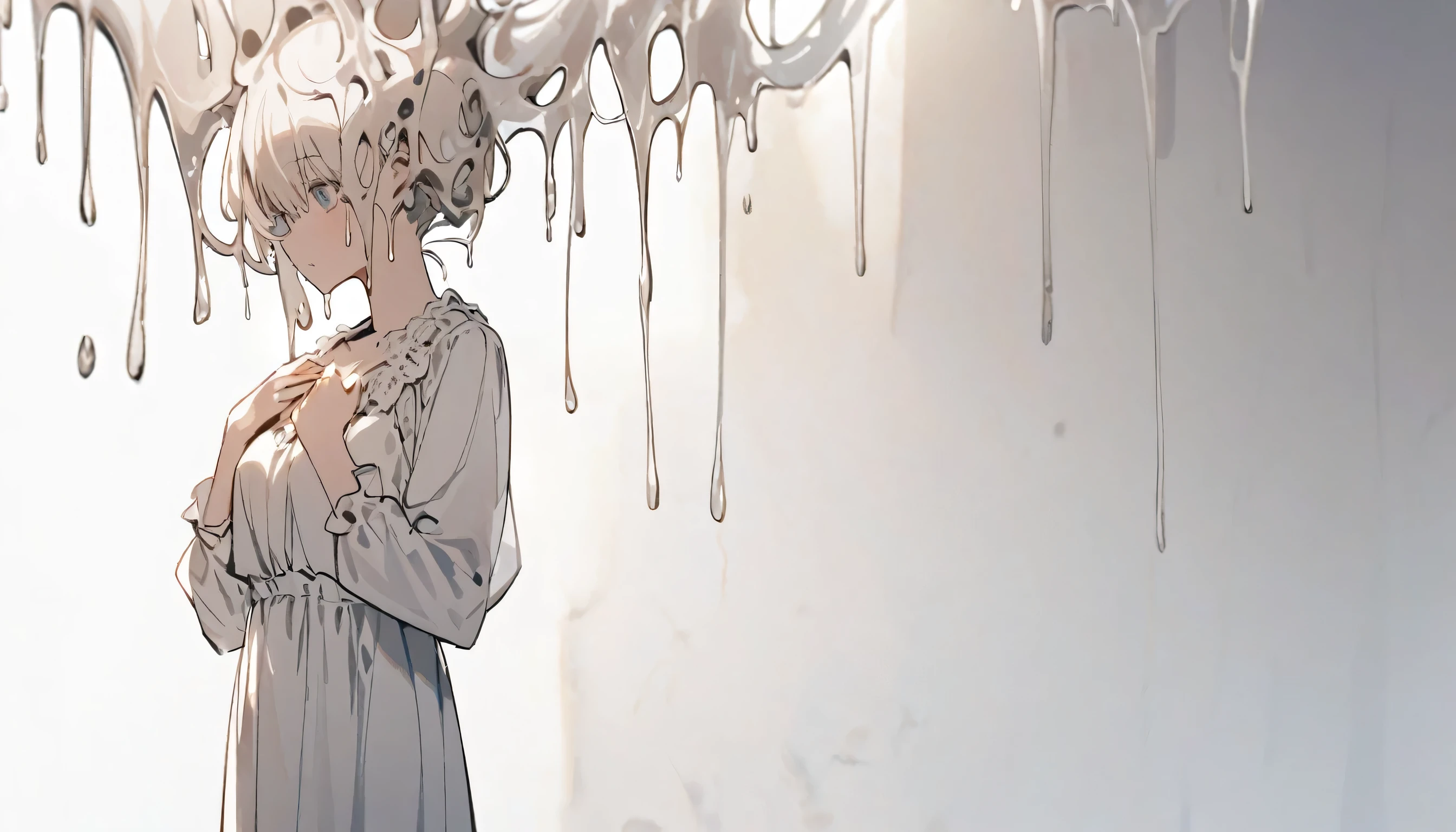 A woman with a liquid upper body、 My head is melting, Liquid Head, alone,stop temporarily, whole body, blouse,Pure white room、Place your hands on your chest、Hold the mobile、There's a knife stuck in my chest、There is a book embedded in his right shoulder.