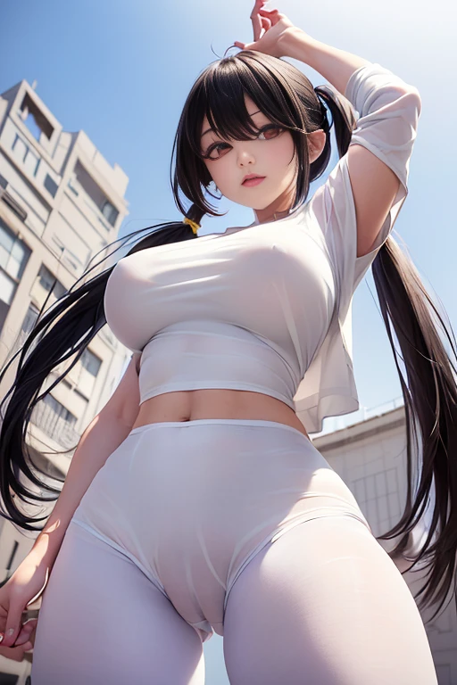Optimal,masterpiece,High resolution,Highest quality,(Cowboy Shot)、Cute face,,Black Hair、Long Hair、Twin tails、 ((Scarlet Eyes)),Long eyelashes,Drooping eye corners,Are standing、Thin legs、White skin,((Shoot from below:1.5)), ((Wearing a tight fitting white T-shirt:1.5)), ((Tight yoga pants)). ((Transparent nipples))、rocket , Big Breasts,