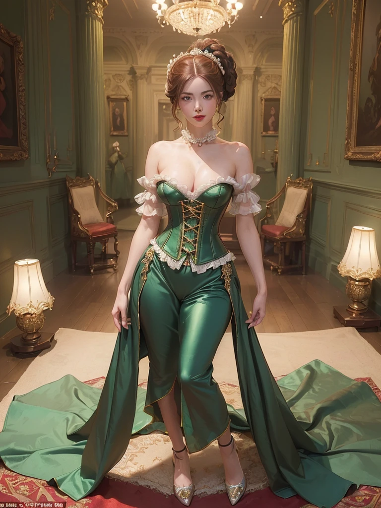 (best quality:10k, High Resolution, masterpiece:1.2), ultra-Detailed, (photorealestic:1.37), ((best quality)), ((masterpiece)), (Detailed), ((Not suitable for work)), (( a refined aristocratic Lady from the Elizabethan era standing in a refined pose in a grand stately hall with Vagina on display)), ((Dignified and elegant)), ((Enigmatic smile)), perfect eyes, ((schöne hochshiny, shiny, oiled skin)), ((Spectacular spearmint-green coloured satin Elizabethan era corset-bodice with no panties and Vagina on display)), ((naked)) ((reddened red cheeks)), ((bright red lips)), ((Full body photography)), ((Vagina on display)), ((Makeup from the Elizabethan era)), photorealestic high gloss skin tones, ((Not suitable for work Vagina on display)), from bottom, ((Hair pinned up in an elaborate Elizabethan hairstyle)), ((naked Vagina on display)),