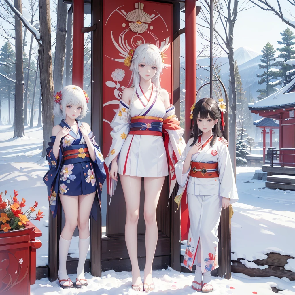 best quality, masterpiece,
Three Japanese high-school short girls with cute style,
looking straight ahead and striking a gutsy pose are standing (separately:1.4), side by side,
wearing a striking(yellow, red, blue, green) kimono with a flower motif,
(A kimono with floral patterns, particularly on the shoulders and chest:1.7)
(High-school-girls with a white short scarf, a white feather shawl around her neck:1.5),
(High-school-girls who are almost the same height:1.7),
(Japanese kimono:1.7),(innocent and pure high-school short girls:1.7),
((too much smile)), very cute, face, head and waist fully visible,
upper arms hidden by clothes and hair,
(only one well-shaped beautiful mount Fuji is completely covered with white snow from top to bottom:1.5),
(vermilion shrine entrance:1.2), very thick and large pine trees, winter(season),
Snow is accumulating on the roof and pine trees. ,(outdoors:1.5),