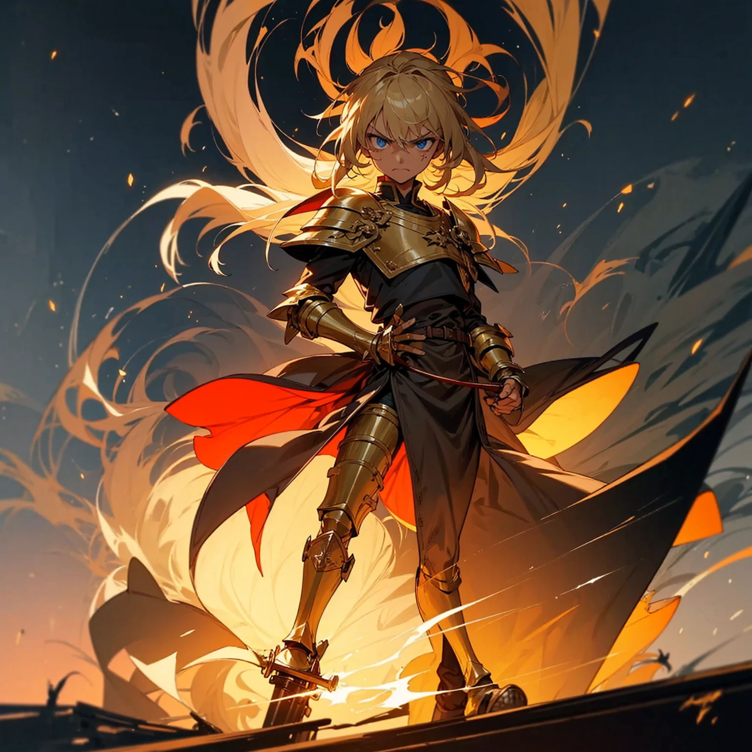 1man, Full body version, 1character, blue eyes, Tan skin, long Shaggy hairstyle, blonde colour hair, very angry expression, angry eyes, angry mouth, templar knight clothing, blue colour clothing, ancient Greek sandals, gold sword in hand, small shield gold in hand, gold armor, Grassroots background in big ship, sea, background ship damage, war in ship, fire, fire light, light fire silhouette, in evening, (war gesture), bloody in ship, blood on face, blood on sword, blood on armor, bloody background