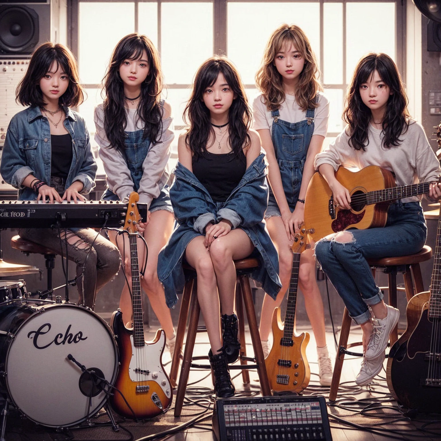 **Photo of 5 beautiful girls, aged 18 to 20, sitting:**
- **3 girls with messy black hair**
- **1 girl with wavy bob black hair**
- **1 girl with a black ponytail**
One girl is playing the drums, one girl is playing the piano, one girl is playing the bass guitar, one girl is playing the guitar, and one girl is singing. They are sitting behind a board with the word "ECHO" written on it. The background is a music studio, complete with drums, guitars, bass guitar, and piano. The image is ultra HD, 4k, photorealistic, raw, and a masterpiece.
