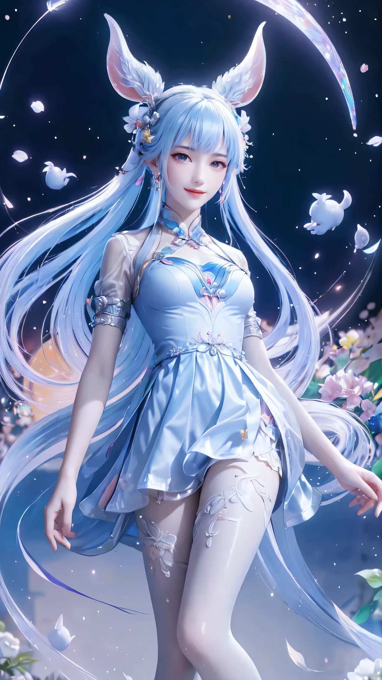 (a girl in a garden,moon palace,Chang'e,mooncakes,rabbits),best quality,ultra-detailed,realistic:1.37,illustration,traditional Chinese painting,harmonious colors,soft lighting