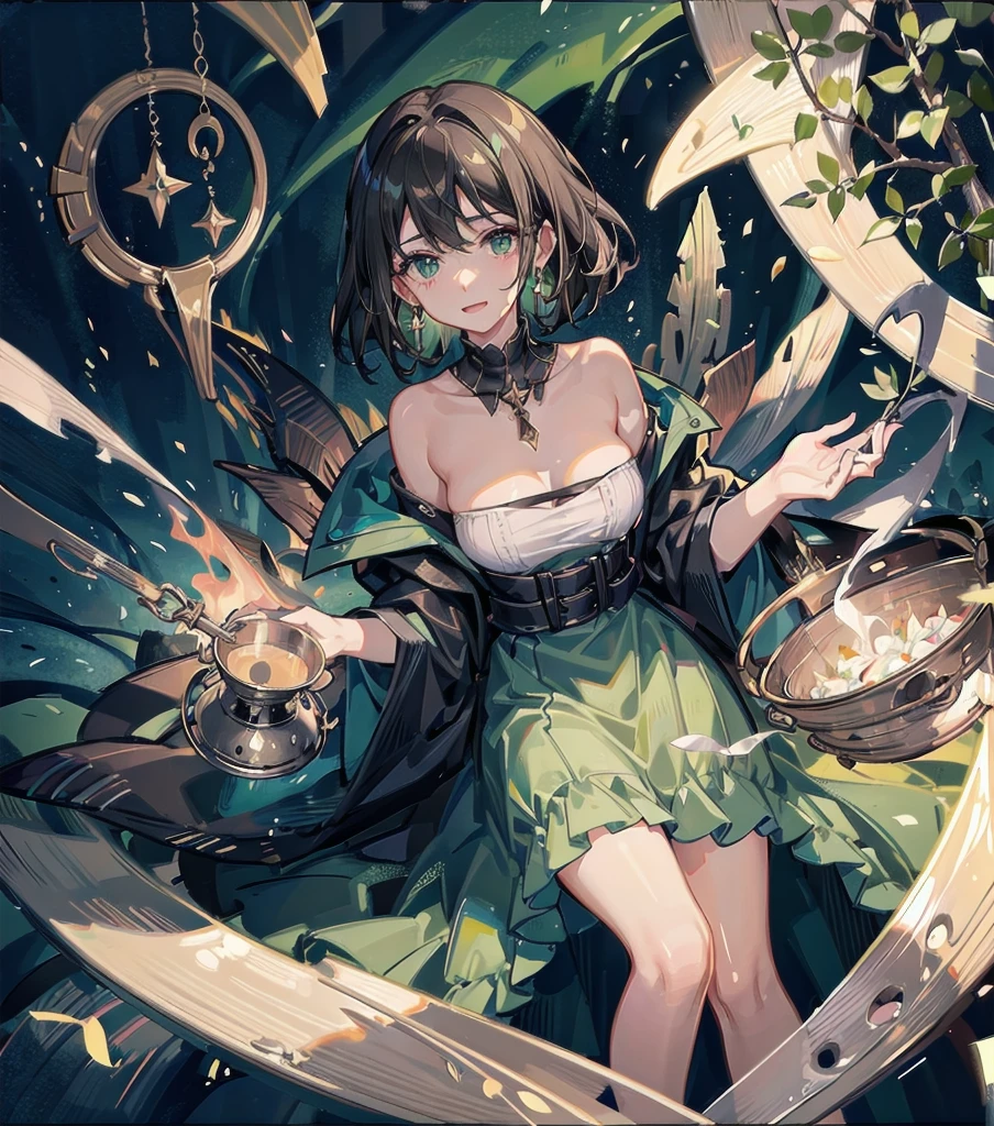 absurdres, RAW photo, extremely delicate and beautiful, masterpiece, Best Quality, ultra high resolution, 32k, hyperrealistic, ultra-detailed, in her 20s, delicate facial features, tearful mole, earring, medium breasts, full body shot, shorter middle hair, black hair, solo, alone, 1girl, a beautiful witch in her alchemist room, working on her project with a steaming cauldron filled with green glowing smoke, against the backdrop of a fantasy night with a full moon and a view from the window, dressed in a traditional witch outfit,