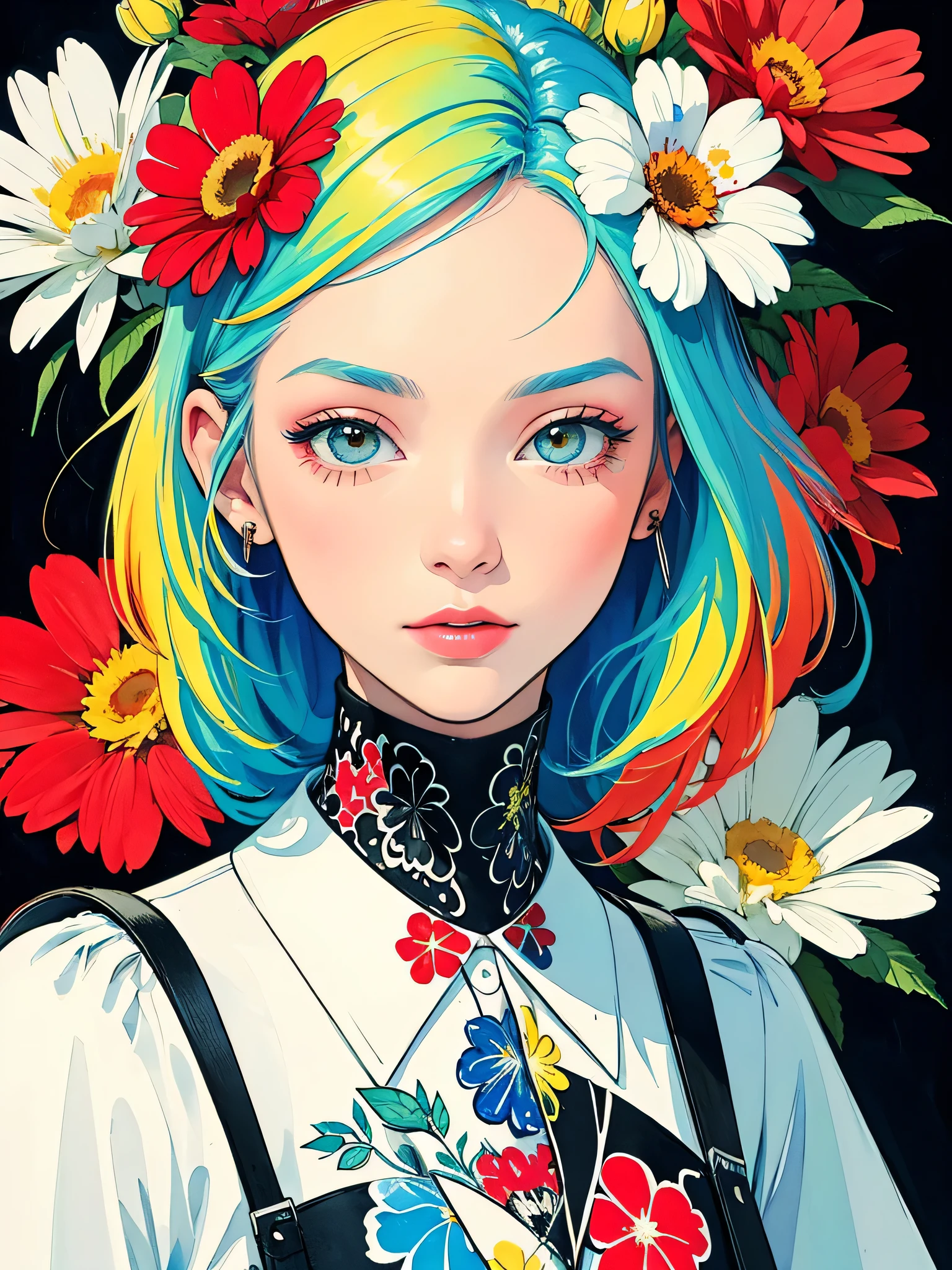 Black Star Red and White Style、(((stylish fashion))), 8K Quality、Intense watercolor, Detailed watercolor art, Watercolor splash, Surreal, avant-garde pop art, Beautiful and expressive paintings, Beautiful artwork illustration, Very colorful tones, wonderful, Cool beauty, highest quality、Official Art, Vector art, Stylish design, (((The most beautiful girl))), (((highest quality))), HDR, ((detailed)), (((Doodle Art)), ((masterpiece)), ((Super detailed)), (((Colorful flowers))),(((Stylish))),