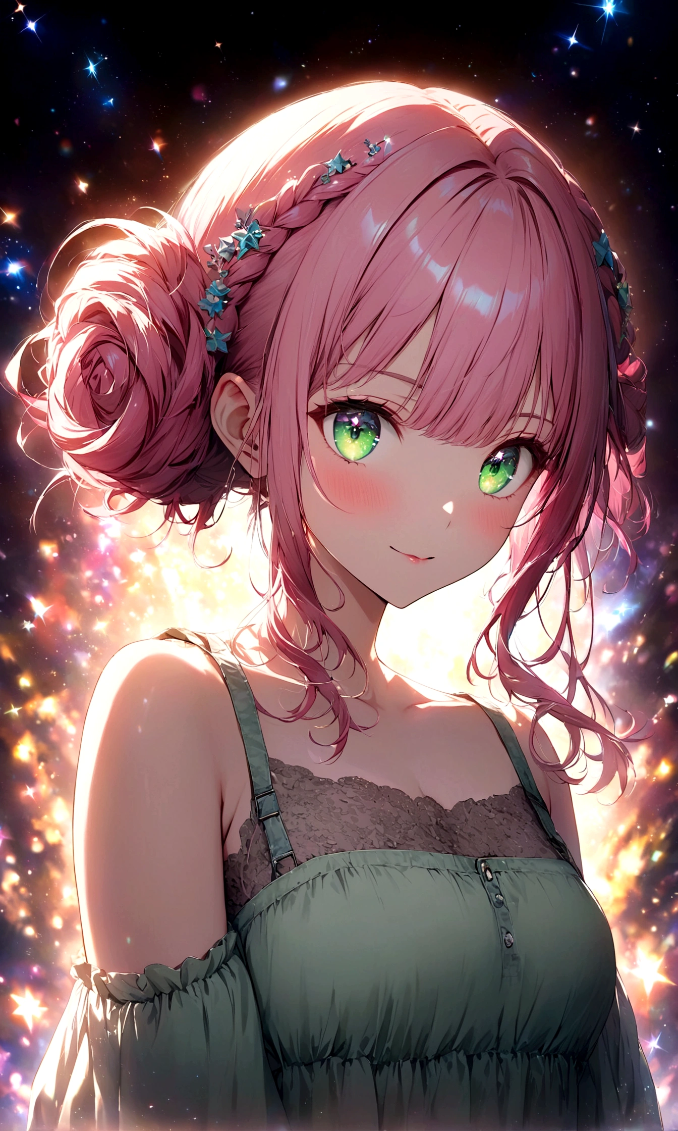 anime gile portrait,kawaii,fantastic style,one beautiful girl with starry eyes,Rose pink hair, bun hairstyle, mint green eyes, mischievous, casual denim, with stars shining, eyes sparkling like stars,best quality,ultra detailed,ultra high definition,high resolution,16k,ultra vibrant,natural light,starlight,soft light,Glowing Aura,the surroundings are shining