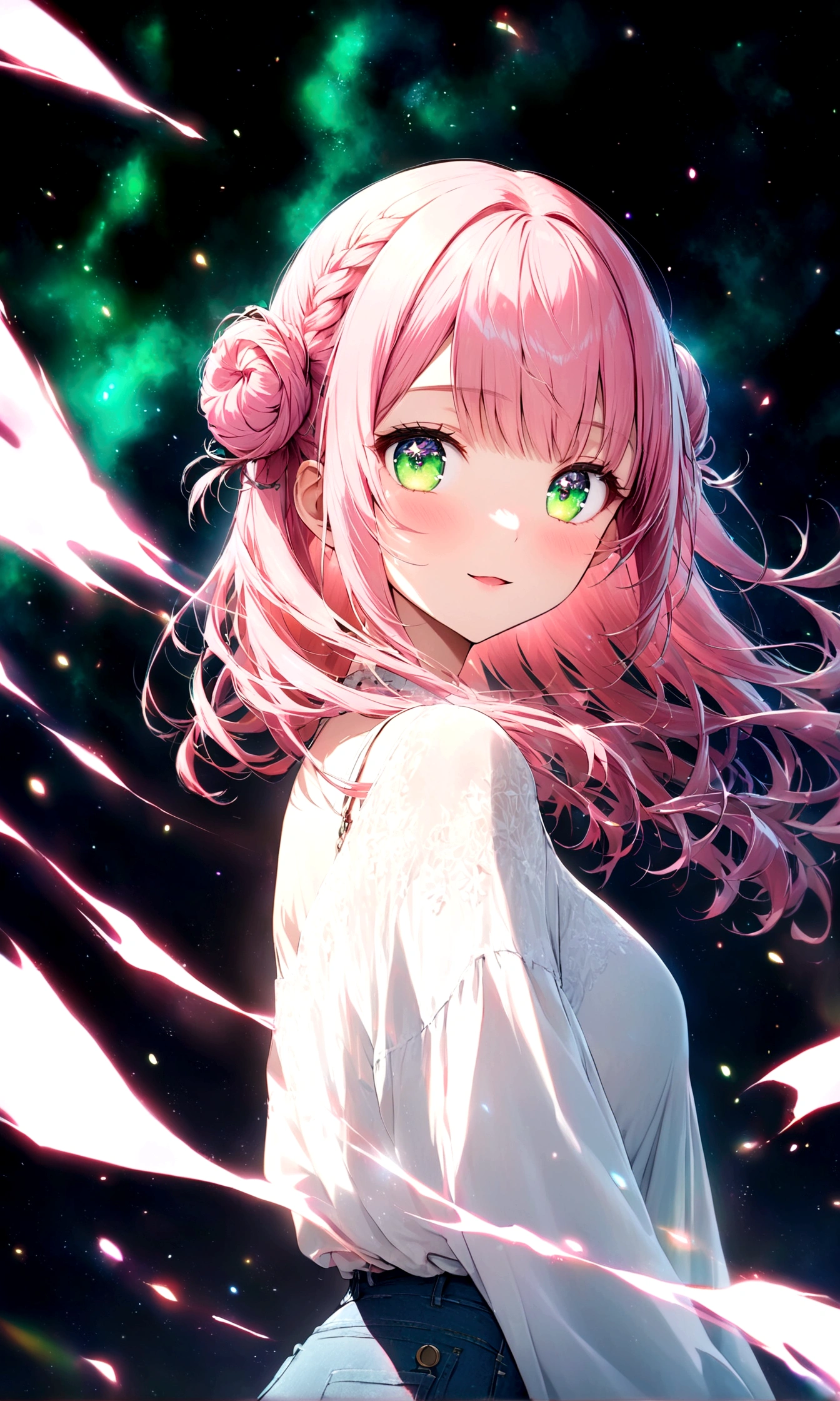 anime gile portrait,kawaii,fantastic style,one beautiful girl with starry eyes,Rose pink hair, bun hairstyle, mint green eyes, mischievous, casual denim, with stars shining, eyes sparkling like stars,best quality,ultra detailed,ultra high definition,high resolution,16k,ultra vibrant,natural light,starlight,soft light,Glowing Aura,the surroundings are shining