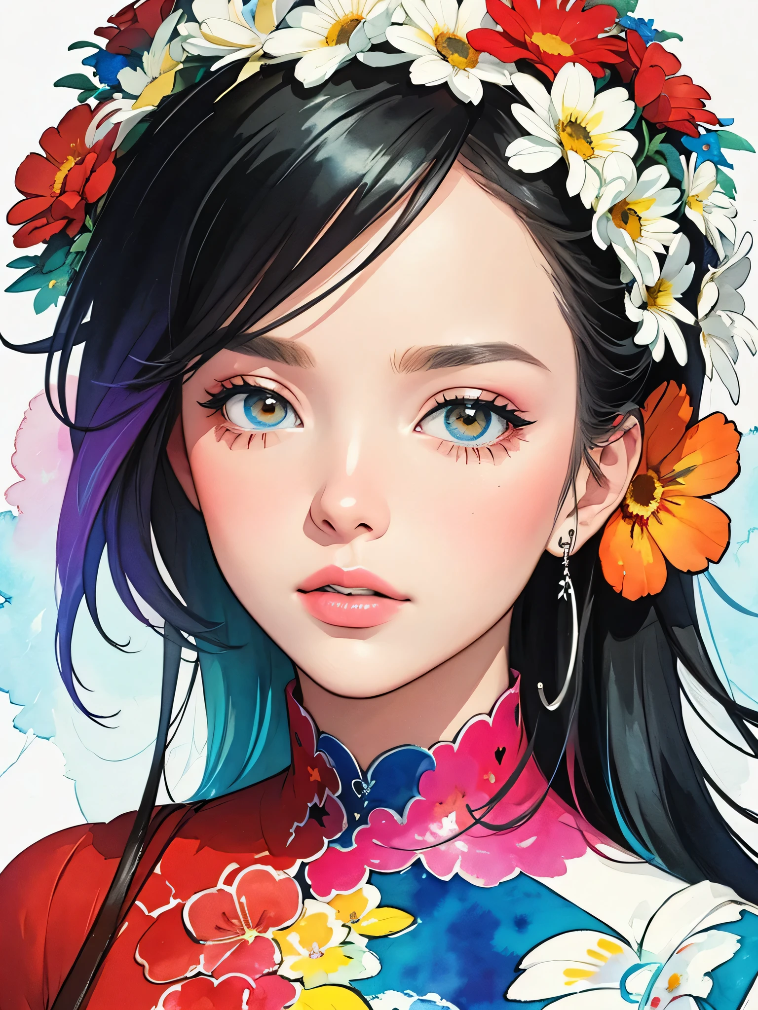 Black Star Red and White Style、(((stylish fashion))), 8K Quality、Intense watercolor, Detailed watercolor art, Watercolor splash, Surreal, avant-garde pop art, Beautiful and expressive paintings, Beautiful artwork illustration, Very colorful tones, wonderful, Cool beauty, highest quality、Official Art, Vector art, Stylish design, (((The most beautiful girl))), (((highest quality))), HDR, ((detailed)), (((Doodle Art)), ((masterpiece)), ((Super detailed)), (((Colorful flowers))),(((Stylish))),