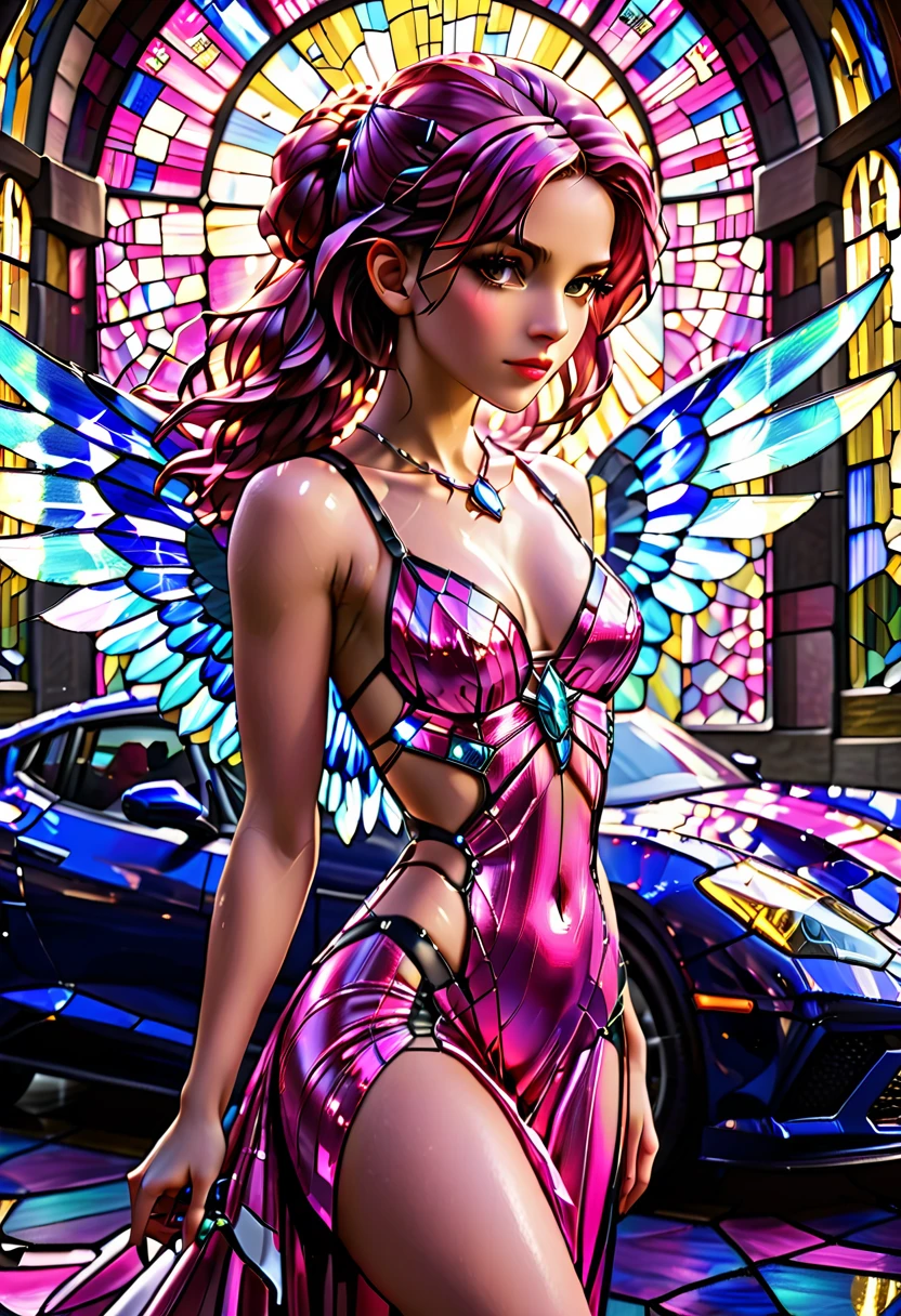Arafed a ((stained glass artwork picture:1.5)) stained-glass, of a mech cyberpunk female angel standing in at the street at night near her sports car, night, an  exquisite beautiful cyberpunk female angel  wearing dark dress, wearing ((intricate glamour pink evening dress: 1.3)), (white angelic wings: 1.2), spread angelic wings, halo over the head, small cleavage, wearing intricate diamond necklace,  wearing elegant high heeled boots,   dynamic eye color, dynamic hair color, dynamic hair style,  standing near her (sports car: 1.3), cyberpunk street t background, full body shot, (Masterpiece: 1.5), Vibrant, Ultra-high resolution, High Contrast, masterpiece:1.2, highest quality, Best aesthetics), best details, best quality, highres, ultra wide angle, 16k, [ultra detailed], masterpiece, best quality, (extremely detailed), Mechanical Creatures