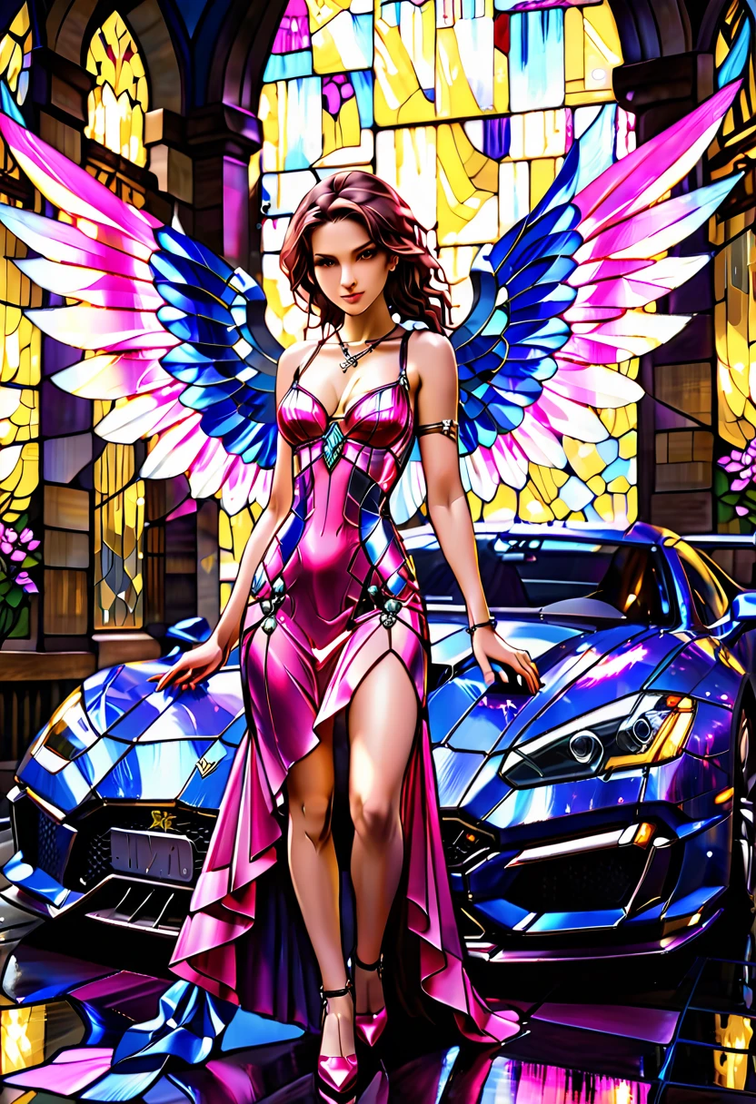 Arafed a ((stained glass artwork picture:1.5)) stained-glass, of a mech cyberpunk female angel standing in at the street at night near her sports car, night, an  exquisite beautiful cyberpunk female angel  wearing dark dress, wearing ((intricate glamour pink evening dress: 1.3)), (white angelic wings: 1.2), spread angelic wings, halo over the head, small cleavage, wearing intricate diamond necklace,  wearing elegant high heeled boots,   dynamic eye color, dynamic hair color, dynamic hair style,  standing near her (sports car: 1.3), cyberpunk street t background, full body shot, (Masterpiece: 1.5), Vibrant, Ultra-high resolution, High Contrast, masterpiece:1.2, highest quality, Best aesthetics), best details, best quality, highres, ultra wide angle, 16k, [ultra detailed], masterpiece, best quality, (extremely detailed), Mechanical Creatures