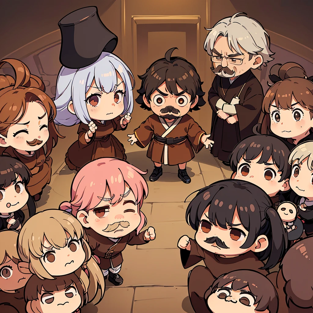 (((Chibi Character)))、(Full body character concept、Various poses、10 people)、Highest quality, Best Quality,Best illustrationiddle ages、(((Simple brown robe、Black shoes)))、(((40-year-old uncle、mature、Kaiser moustache、Hair length to shoulders)))、(Open your mouth、Sweat、Various expressions)、Dramatic Angle、Movement angle、Run、dash