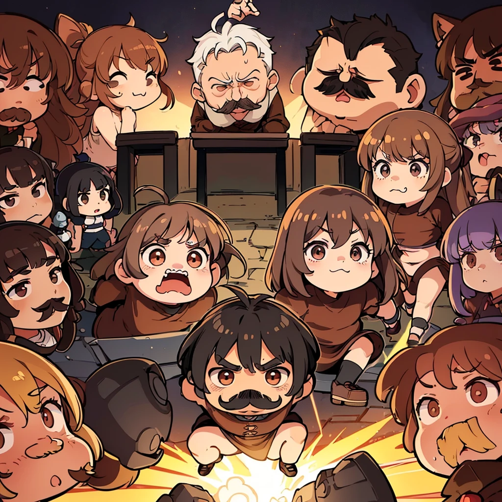 (((Chibi Character)))、(Full body character concept、Various poses、10 people)、Highest quality, Best Quality,Best illustrationiddle ages、(((Simple brown robe、Black shoes)))、(((40-year-old uncle、mature、Kaiser moustache、Hair length to shoulders)))、(Open your mouth、Sweat、Various expressions)、Dramatic Angle、Movement angle、Run、dash