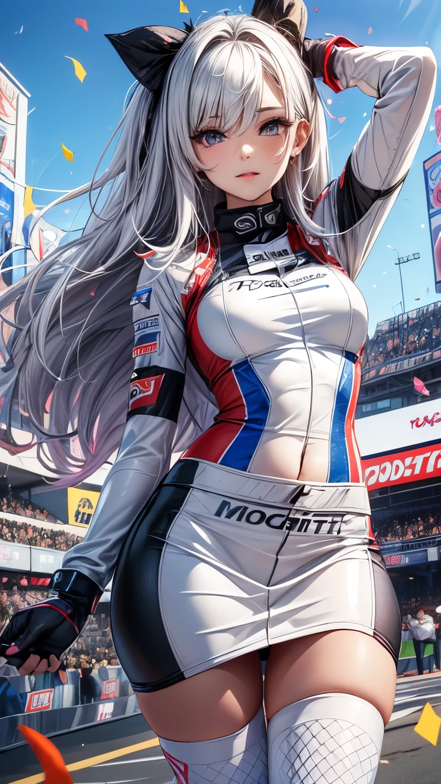 Highest quality, Super quality, 16K, Incredibly absurd, Very detailed, 2.5D, delicate and dynamic, blue sky, Confetti, Racing Car, Flag, Small face, Extremely delicate facial expression, Delicate eye depiction, Extremely detailed hair, Upper body close-up, erotic, sole sexy Japanese lady, healthy shaped body, 22 years old lady, Race Queen, huge firm bouncing busts, white silver long hair, sexy long legs, Glowing Skin, , 派手なRace Queenのコスチューム, blue tight skirt, white leather long boots, Formula 1, Auto Racing Track