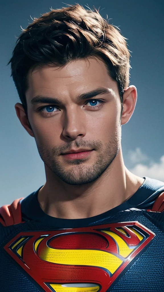 Jamie dornan, ((Men only)), (head shot), (face only), (handsome muscular man in his 20s), (superman), (Superman, a fictional superhero, is characterized by his chiseled physique, blue eyes, dark hair, and iconic red and blue costume with a bold "S" emblem on his chest), (Chris Redfield), (Mischievous smile), (detaile: 1 in 1), Natural muscles, HIG quality, beautidful eyes, (Detailed face and eyes), (Face、: 1 / 2), Noise, Real Photographics、... .................................................................................................................PSD, Sharp Focus, High resolution 8K, realisitic & Professional Photography, 8K UHD, Soft lighting, High quality, Film grain, FujifilmXT3